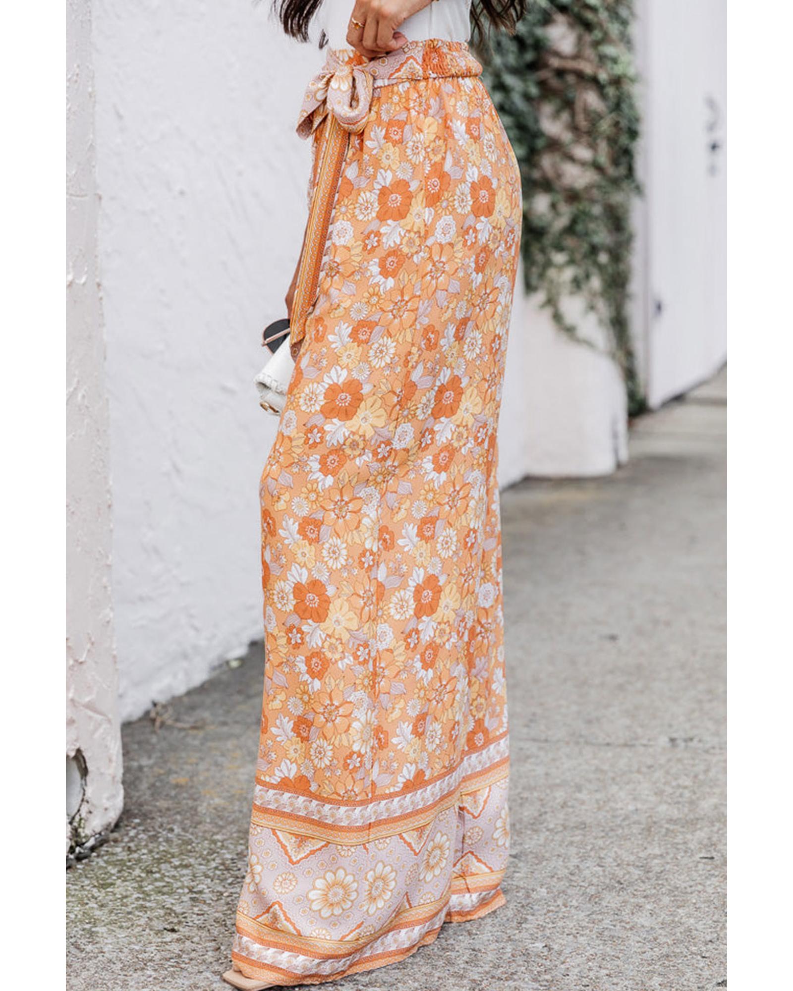 V539-AZEXDC7712307-P3014-L-202508280530-00 Grapefruit Orange Tie Waist Boho Floral Wide Leg Pants - L - Image 1