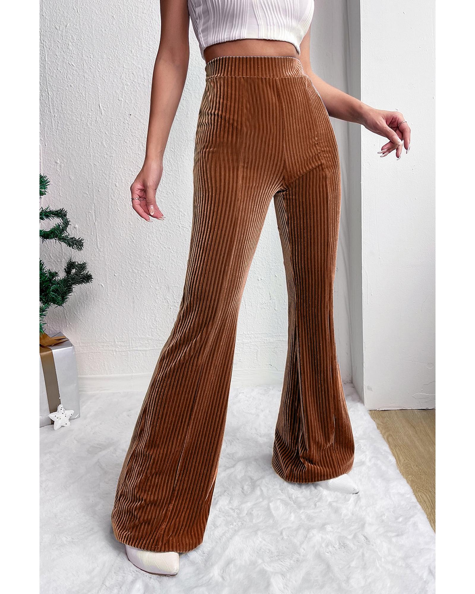 V539-AZEXDC7712424-P2017-XL-202508300505-00 Chestnut Solid Color High Waist Flare Corduroy Pants - XL - Image 1