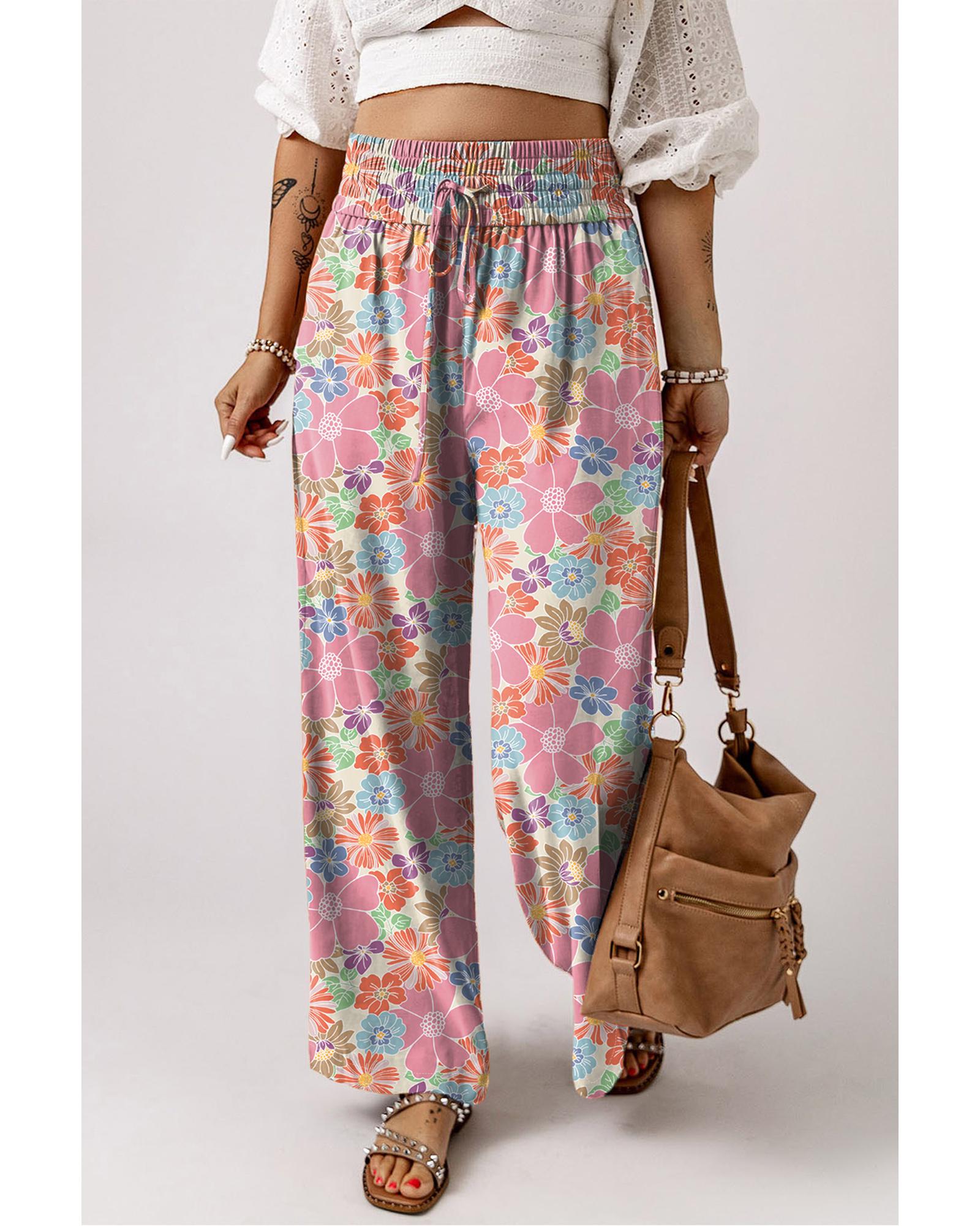 V539-AZEXDC7712704-P1022-S-202506150932-00 Pink Floral Smocked Waist Loose Pants - S - Image 1