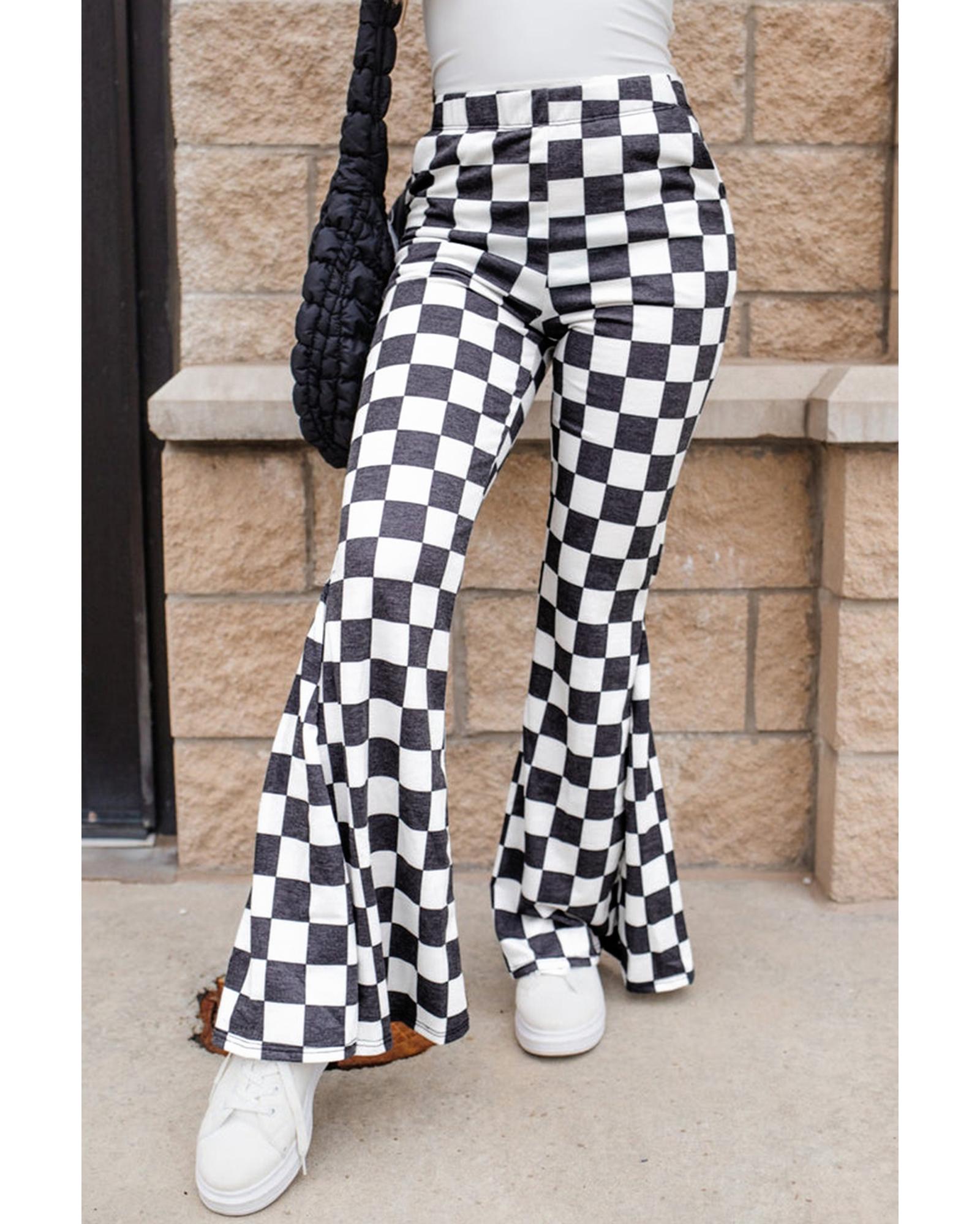 V539-AZEXDC7713044-P222-L-202508300750-00 Black Checkerboard High Rise Casual Flared Pants - L - Image 1