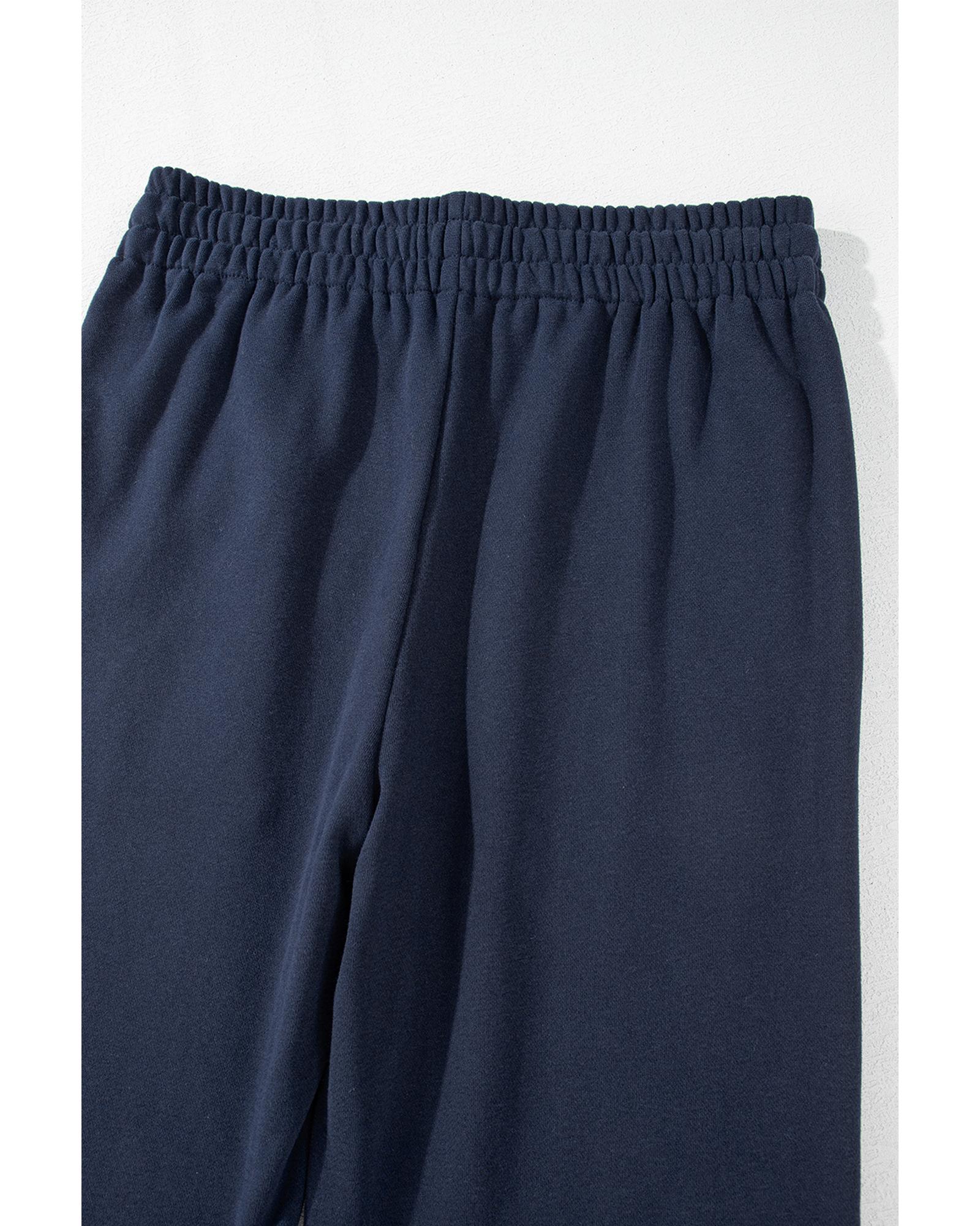 V539-AZEXDC7713058-P605-2XL-202508301000-00 Navy Blue Solid Color Fleece Lined Drawstring Waist Casual Pants - 2XL - Image 1