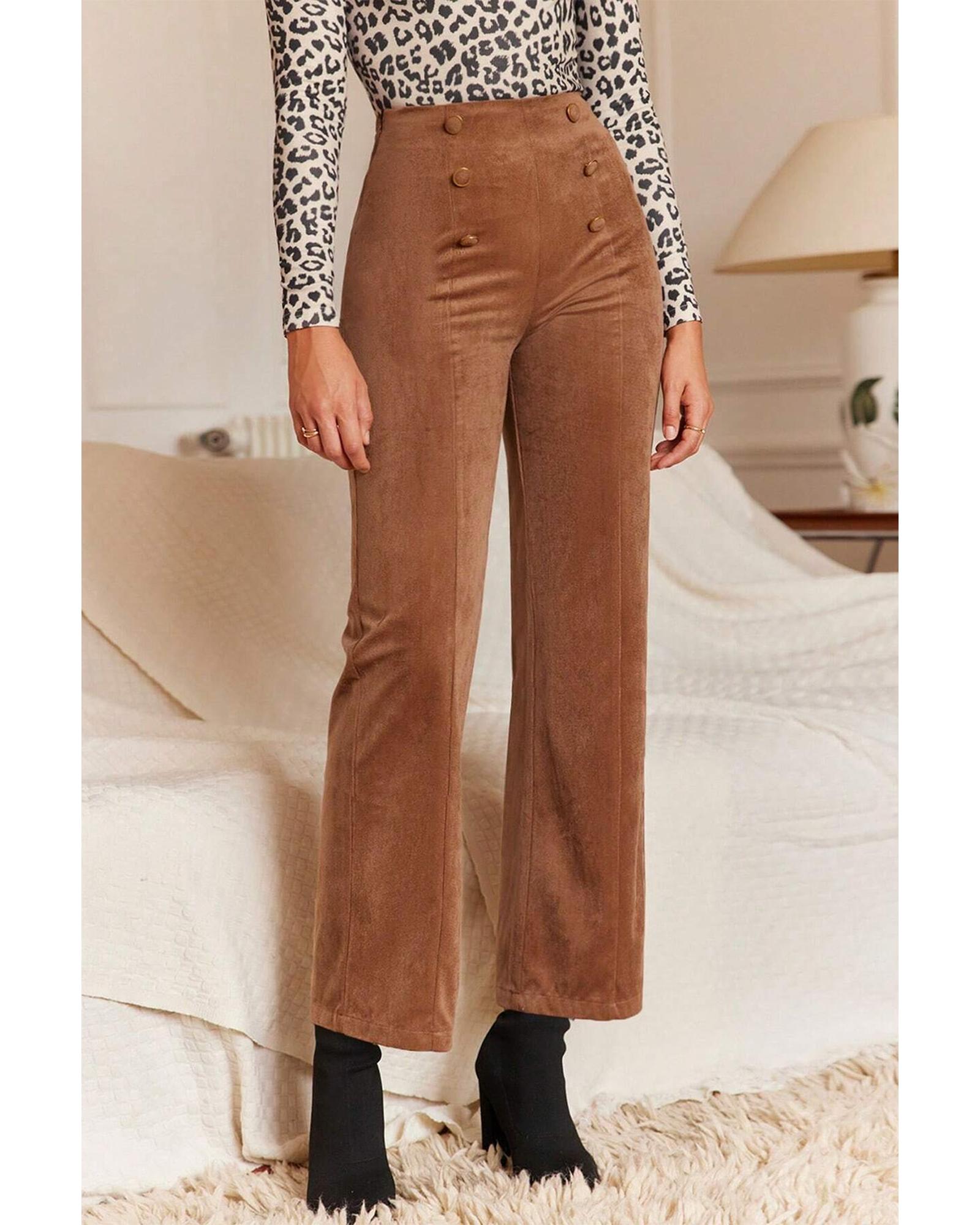 V539-AZEXDC7713116-P2017-S-202506150712-00 Chestnut Solid Color Double Breasted Straight Leg Pants - S - Image 1