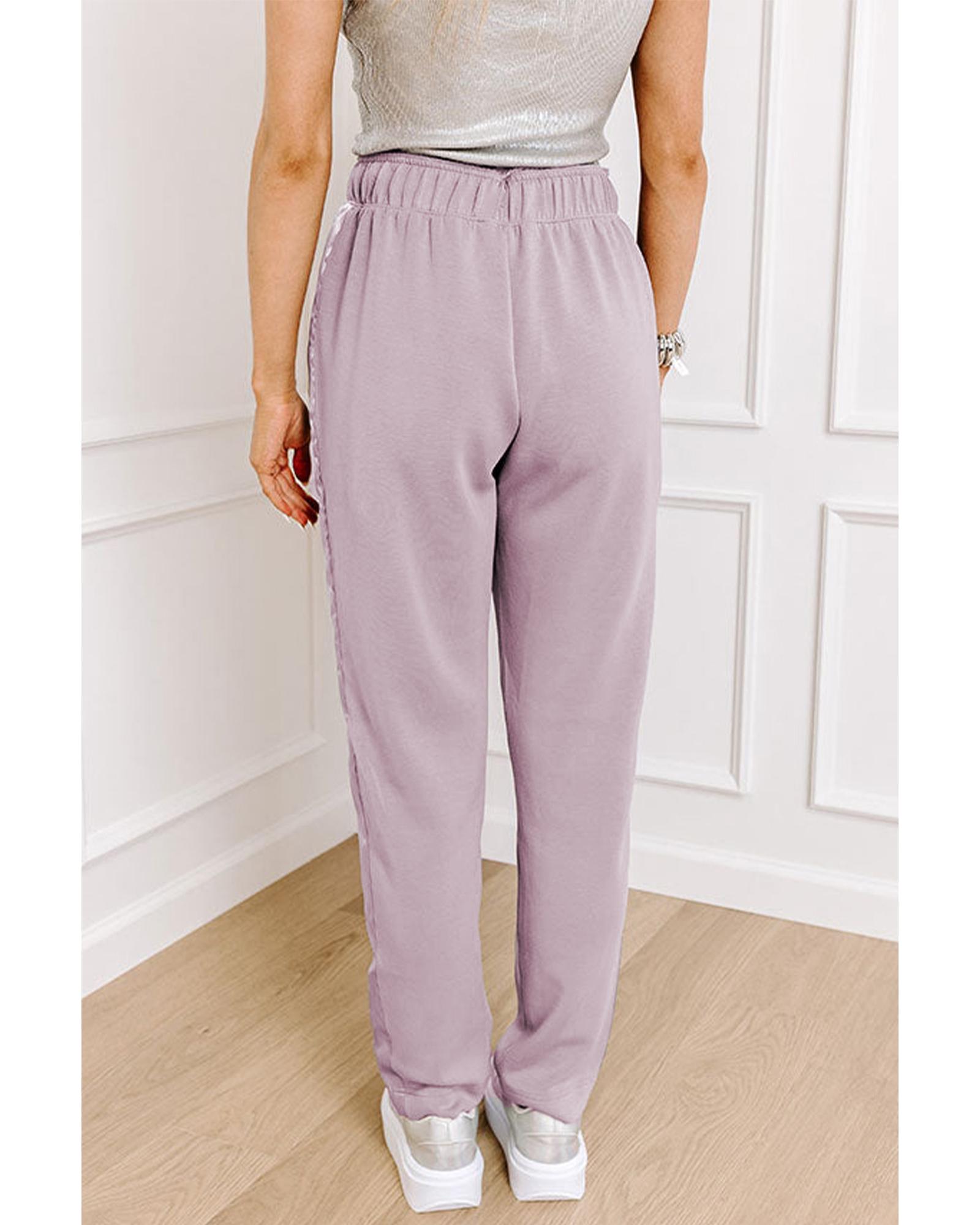 V539-AZEXDC7713118-P708-XL-202508301230-00 Orchid Petal Drawstring Waist Satin Stripe Patch Straight Leg High Waist Pants - XL - Image 1