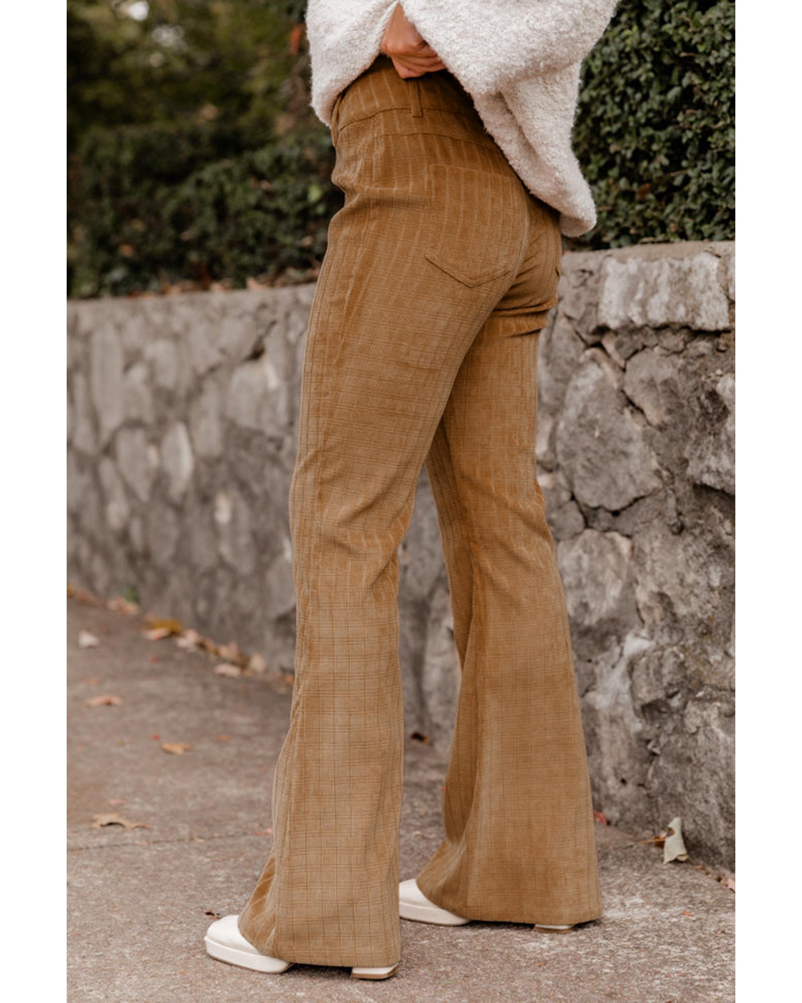 V539-AZEXDC7713119-P3014-S-202506150717-00 Grapefruit Orange Checkered Corduroy Flare High Waist Pants - S - Image 1