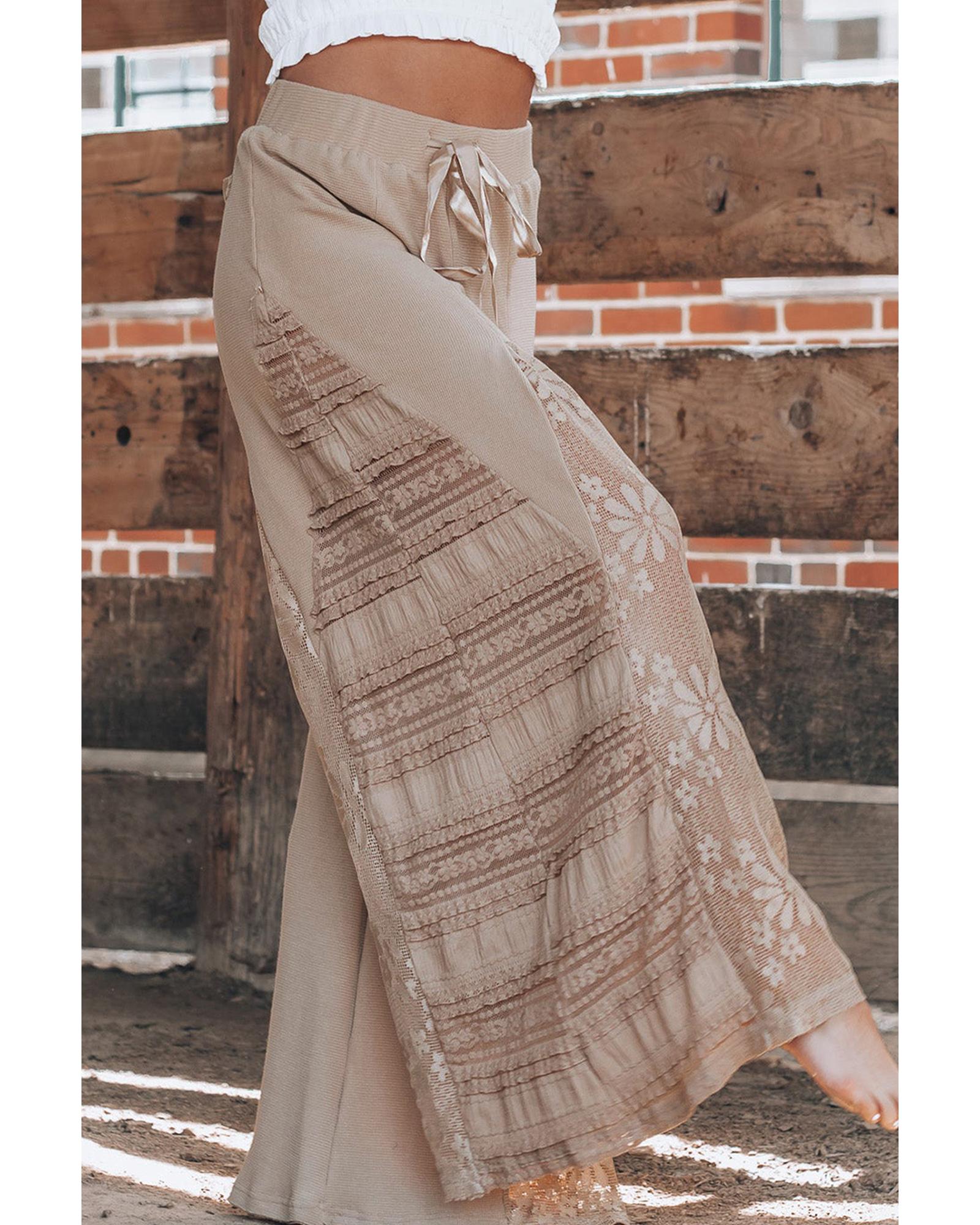 V539-AZEXDC7713255-P7016-L-202508301230-00 Smoke Gray Boho Lace Patchwork Wide Leg High Waist Pants - L - Image 1