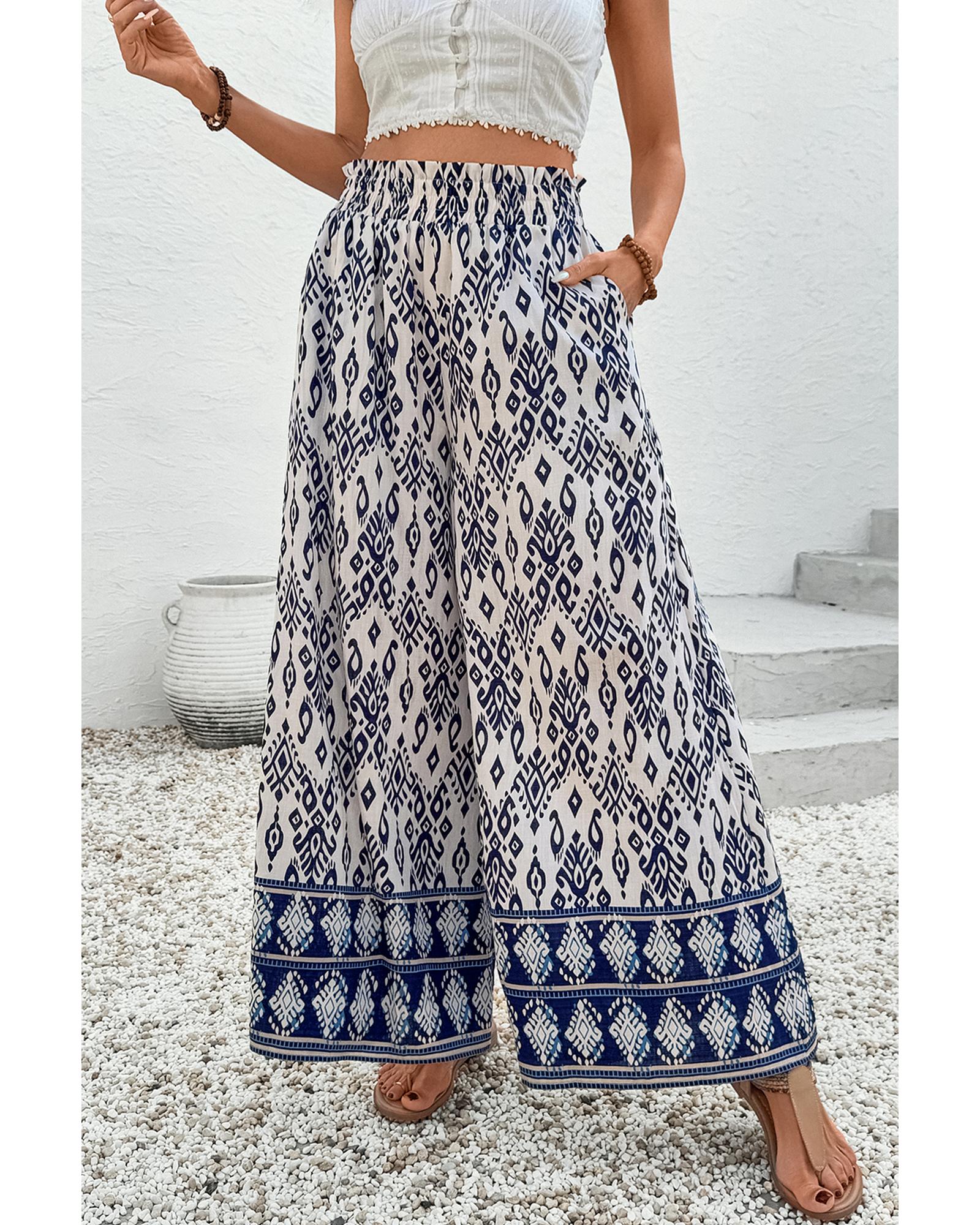 V539-AZEXDC7713386-P520-S-202506150752-00 Blue Boho Pattern Print High Waist Wide Leg Loose Pants - S - Image 1