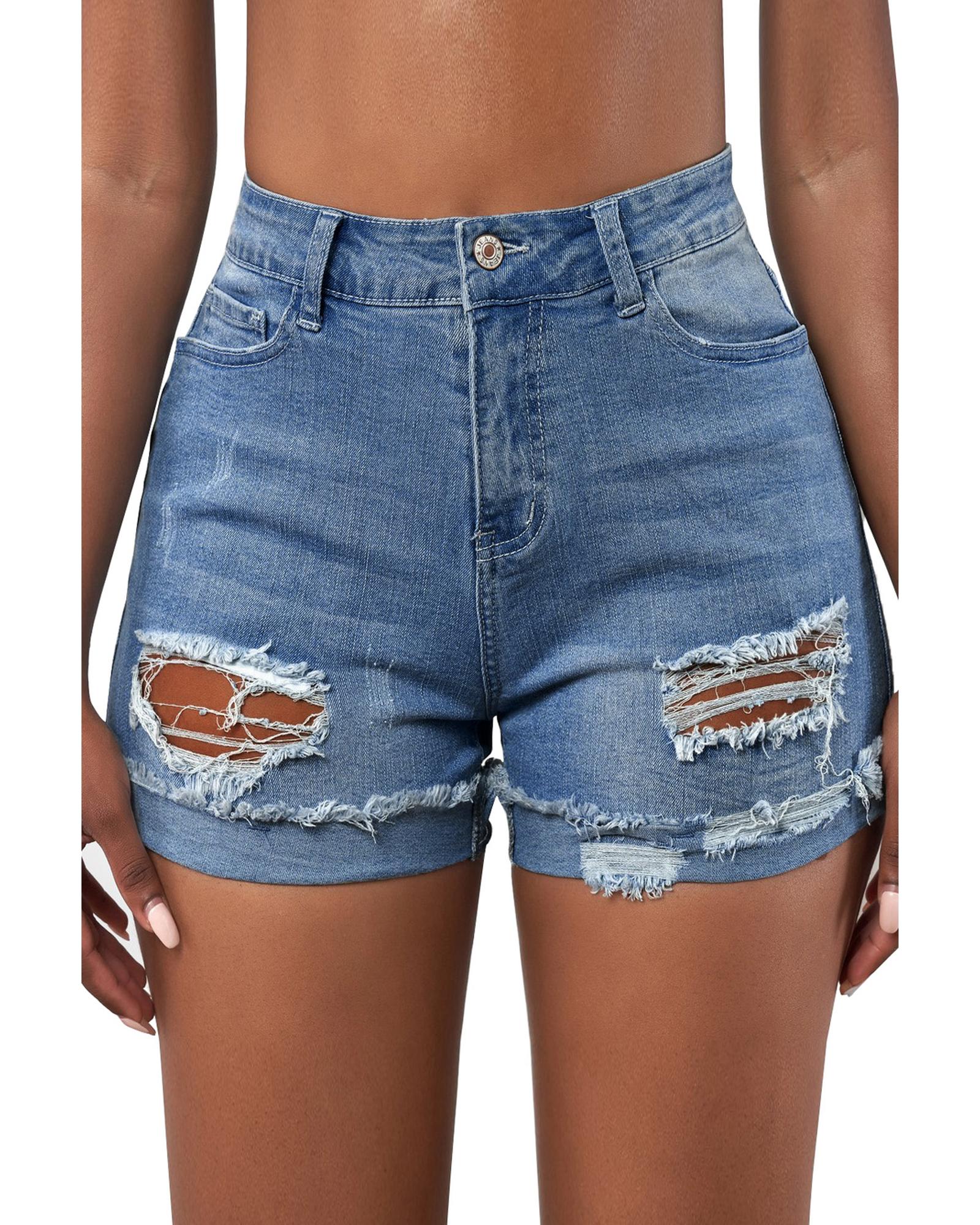 V539-AZEXDC77173-4-S-202506150810-00 Azura Exchange Distressed Ripped Rolled Hem Sky Blue Denim Shorts - S - Image 1