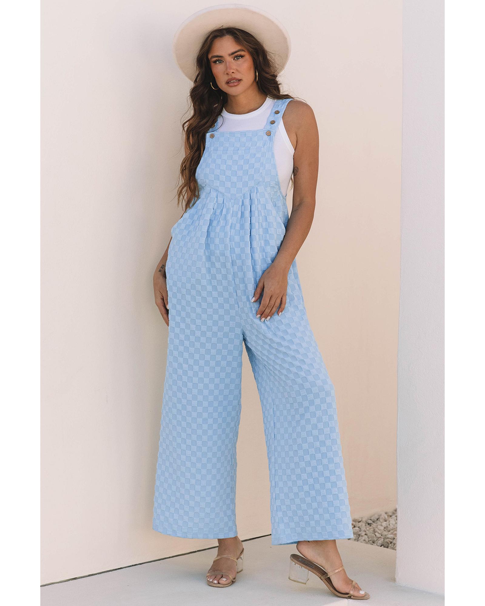 V539-AZEXDC7721088-P804-M-202508281640-00 Beau Blue Checkered Pocketed High Waist Wide Leg Overall - M - Image 1
