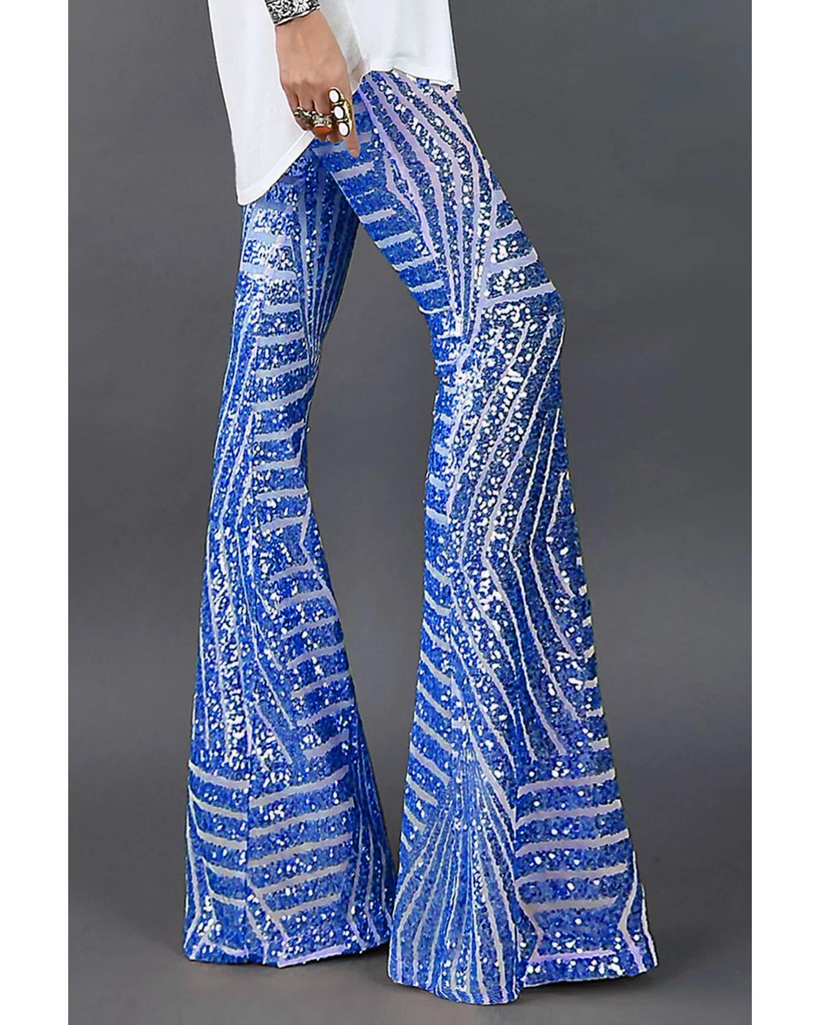 V539-AZEXDC77221-105-L-202506150847-00 Blue Sequin Wide Leg Pants - L - Image 1