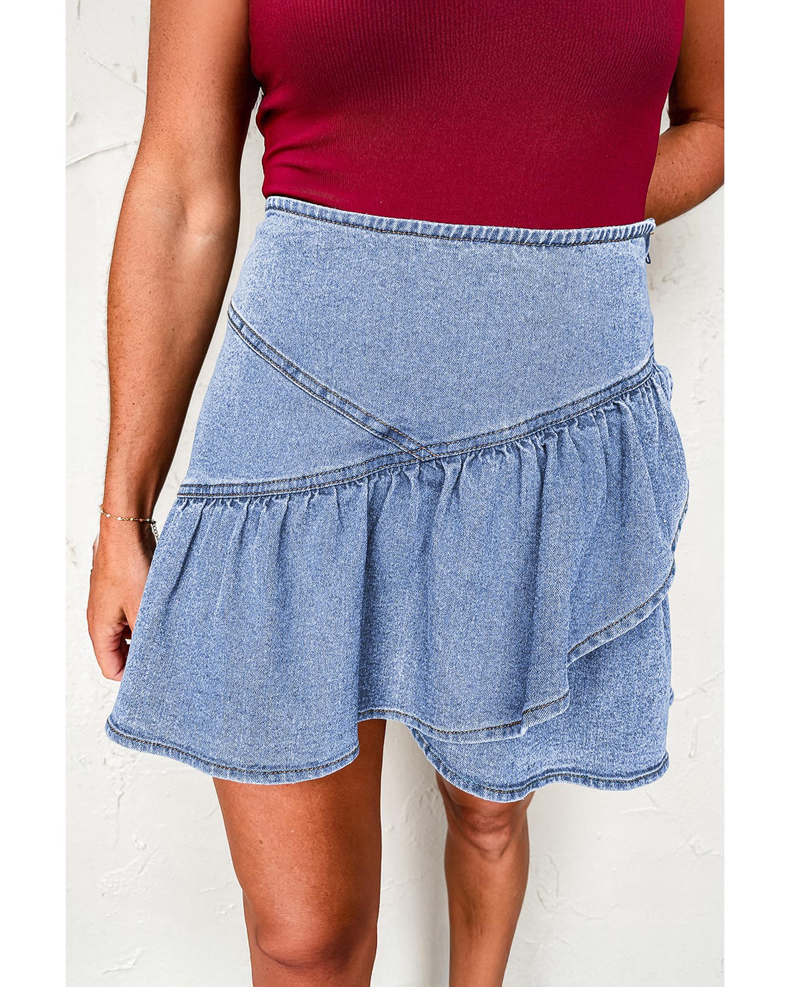 V539-AZEXDC7811145-P804-XL-202508280205-00 Beau Blue Asymmetric Ruffle Overlay Denim Mini Skirt - XL - Image 1