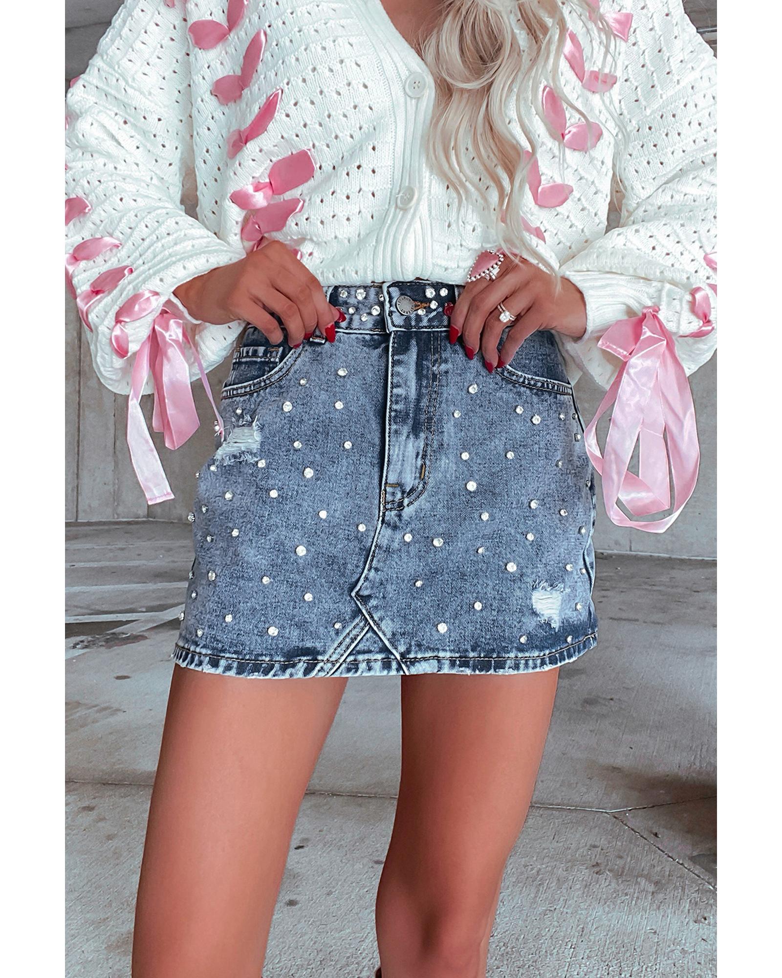 V539-AZEXDC7811150-P704-XL-202508281125-00 Dusk Blue Rhinestone Distressed Denim High Waist Mini Skirt - XL - Image 1