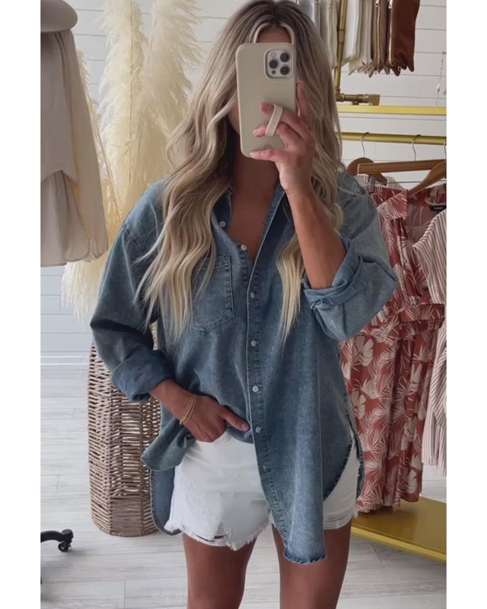 V539-AZEXDC7821096-4-M-202508281650-00 Sky Blue Vintage Washed Chest Pocket Denim Shirt - M - Image 1