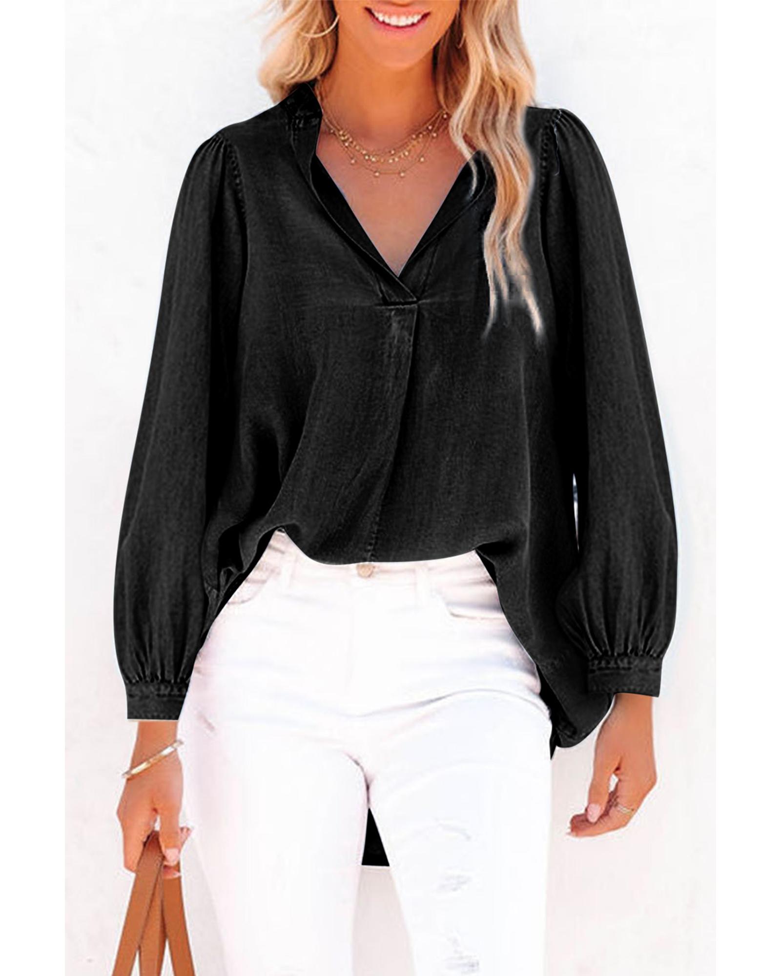 V539-AZEXDC7821107-P2-M-202506150940-00 Black Split V-Neck Balloon Sleeve Ruched Denim Top - M - Image 1