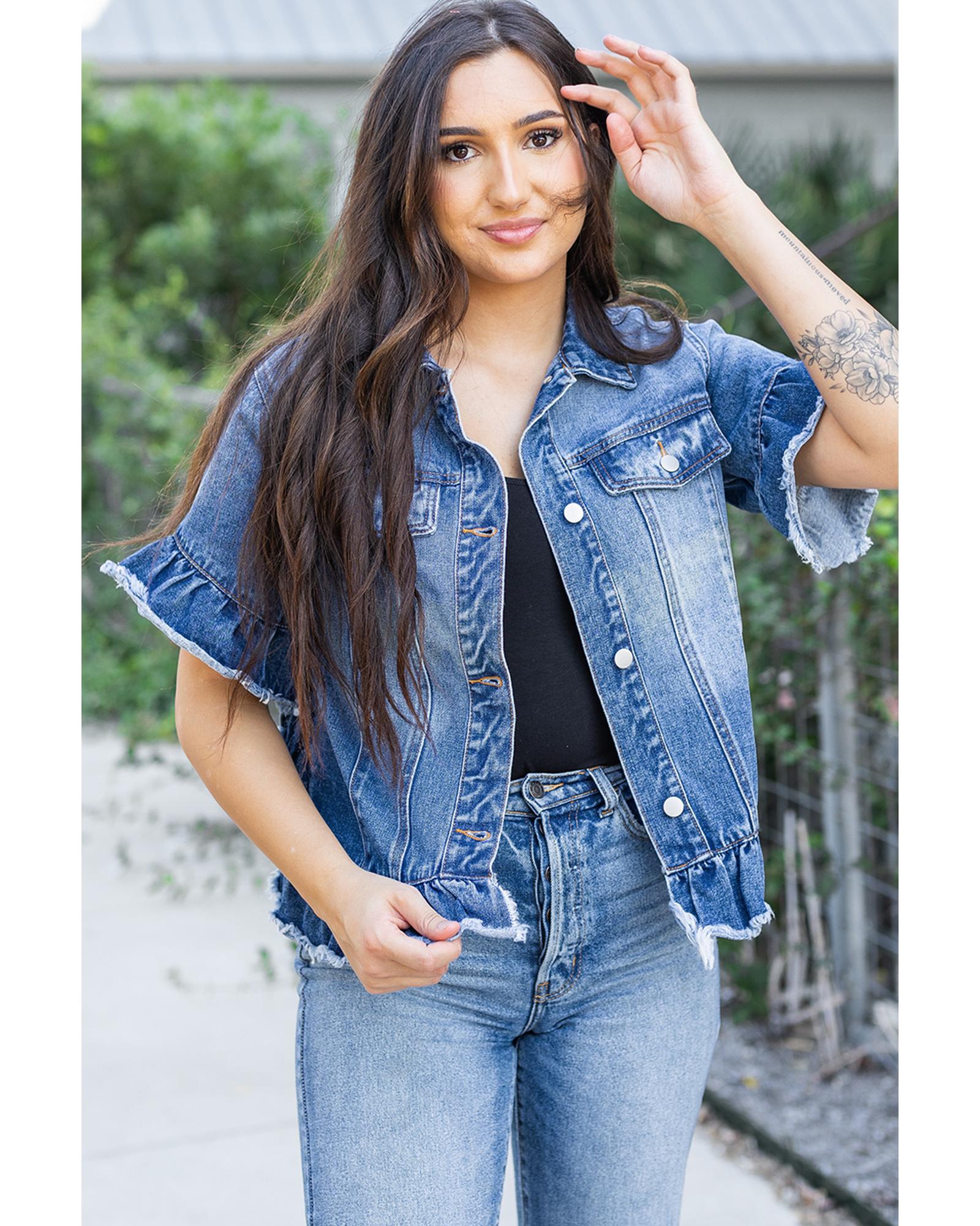 V539-AZEXDC7821152-P405-S-202506150947-00 Peacock Blue Raw Edge Ruffled Short Sleeve Denim Jacket - S - Image 1