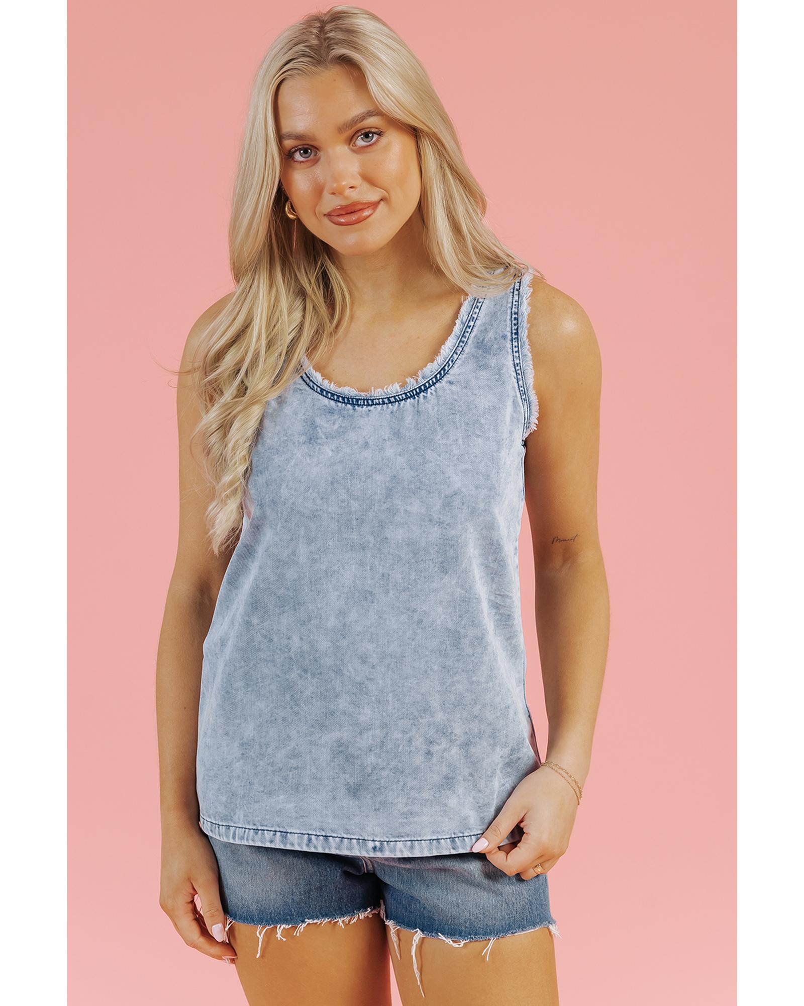 V539-AZEXDC7821172-P804-M-202508301900-00 Beau Blue Mineral Wash Denim Frayed U Neck Sleeveless Top - M - Image 1
