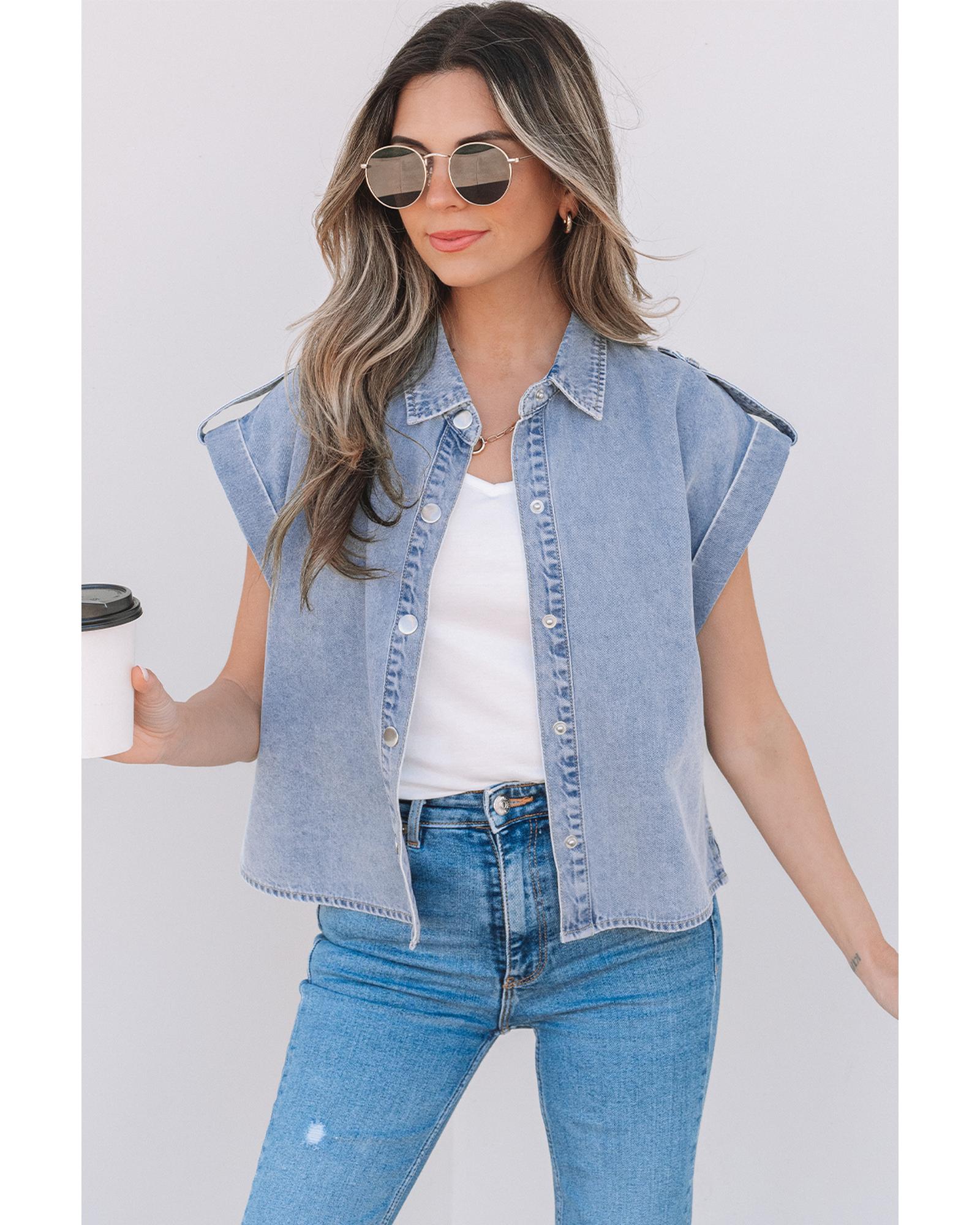 V539-AZEXDC7821230-P704-M-202508302030-00 Dusk Blue Denim Pinup Folded Cap Sleeve Shirt - M - Image 1