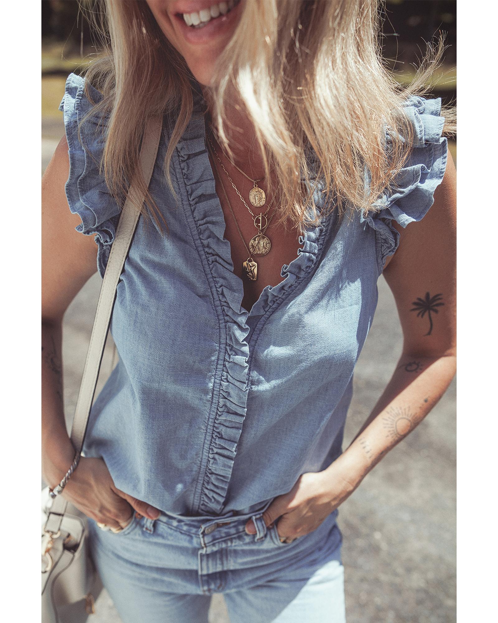 V539-AZEXDC7821351-P804-L-202508302115-00 Beau Blue Frilly Ruffle Trim V Neck Chambray Tank Top - L - Image 1