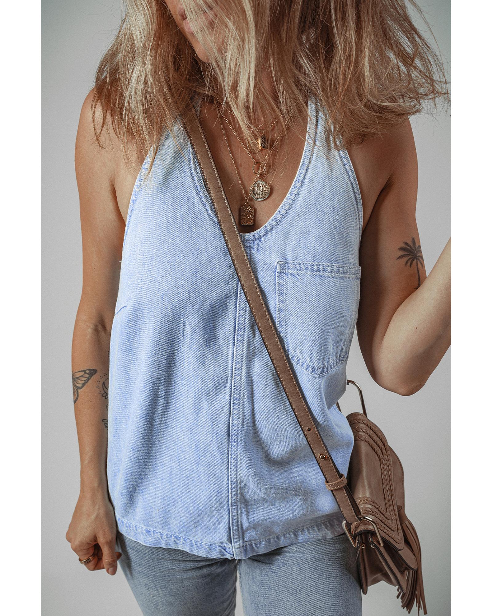 V539-AZEXDC7821356-P804-XL-202508300730-00 Beau Blue Knotted Open Back Halterneck Denim Tank Top - XL - Image 1