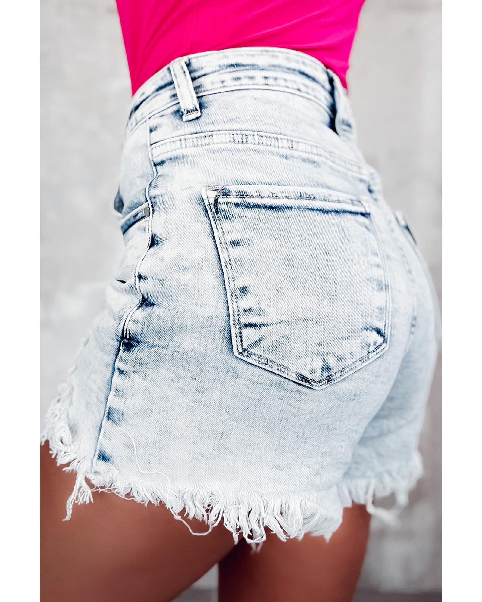 V539-AZEXDC7831595-P4-12-202508301415-00 Light Blue Acid Wash Crossed Raw Edge Denim Shorts - 12 US - Image 1