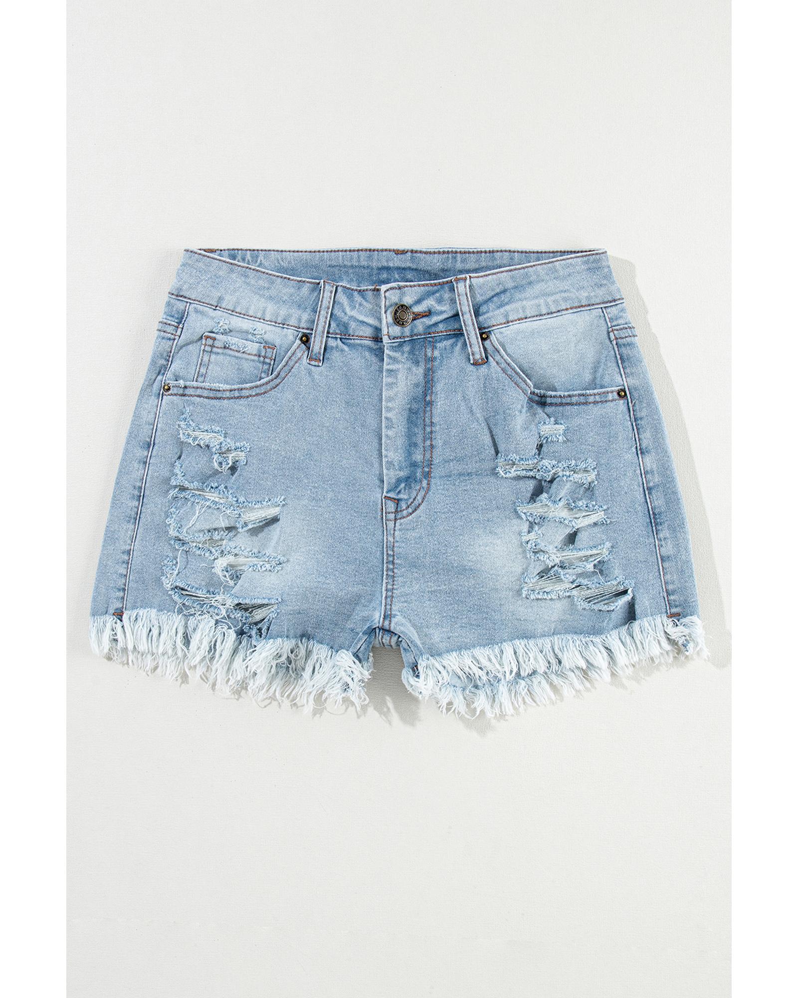 V539-AZEXDC7831636-P4-6-202506150746-00 Light Blue Distressed Ripped Raw Hem High Waist Denim Shorts - 6 US - Image 1
