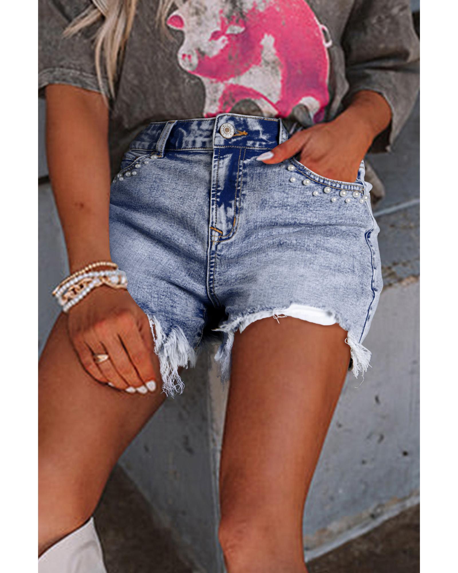 V539-AZEXDC7831637-P804-10-202508300435-00 Beau Blue Pearl Studded Pockets Raw Hem Denim Shorts - 10 US - Image 1