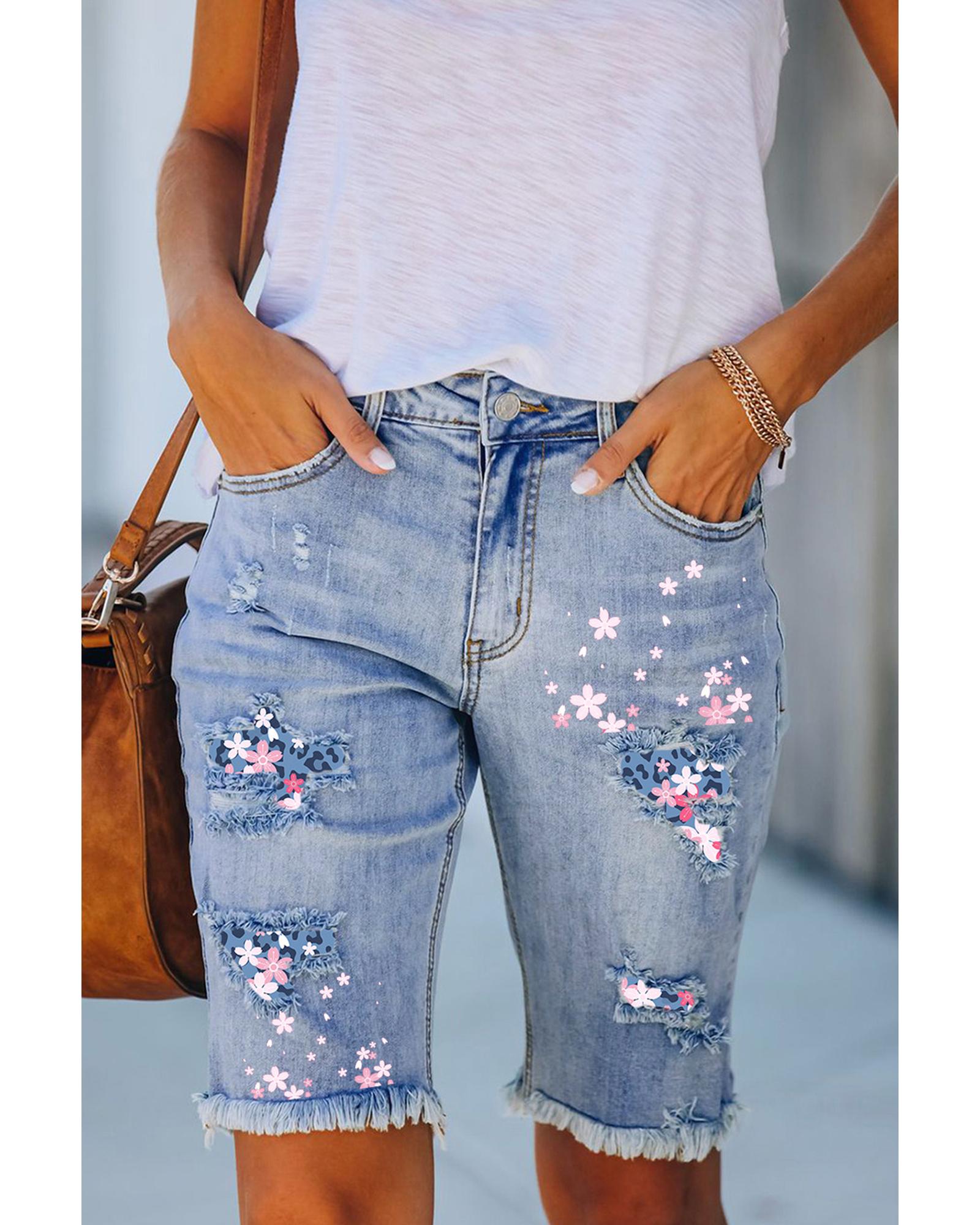 V539-AZEXDC784584-4-S-202508261810-00 Azura Exchange Leopard Patchwork Distressed Denim Shorts - S - Image 1