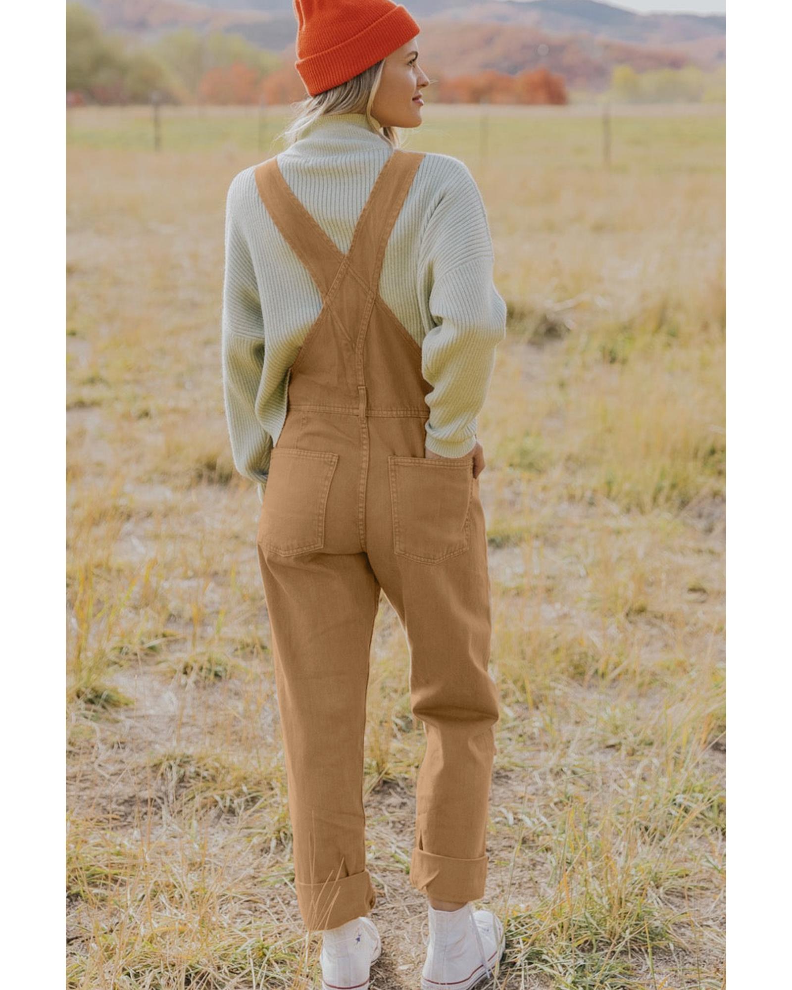 V539-AZEXDC784737-16-L-202506150930-00 Khaki Vintage Multi Pockets Buckle Strap Cargo Denim Overalls - L - Image 1