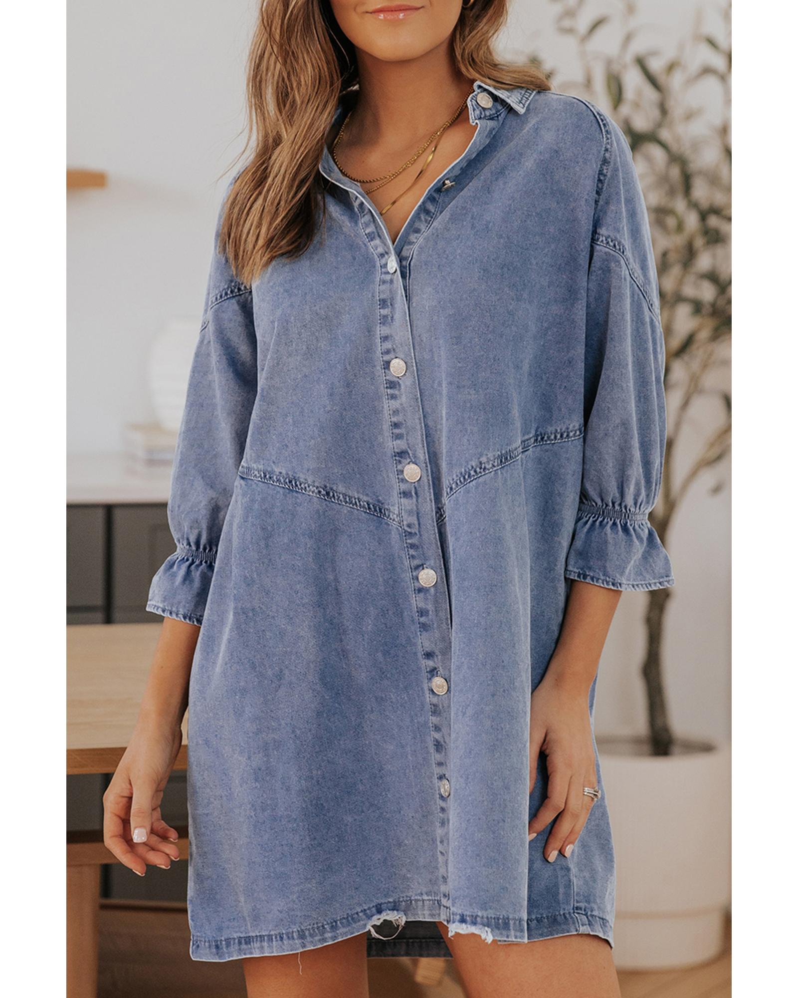 V539-AZEXDC786324-4-M-202508310120-00 Azura Exchange Sky Blue Buttoned Long Sleeve Denim Mini Dress - M - Image 1