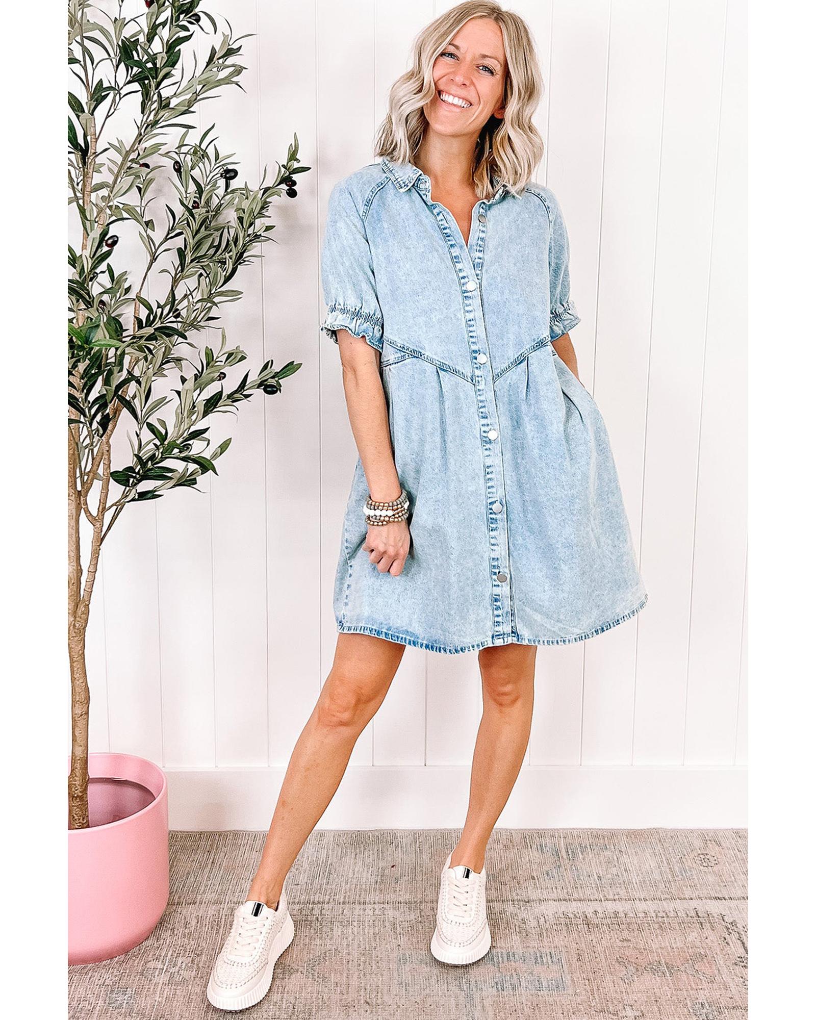 V539-AZEXDC786546-P804-L-202508301115-00 Beau Blue Mineral Wash Ruffled Short Sleeve Buttoned Denim Dress - L - Image 1