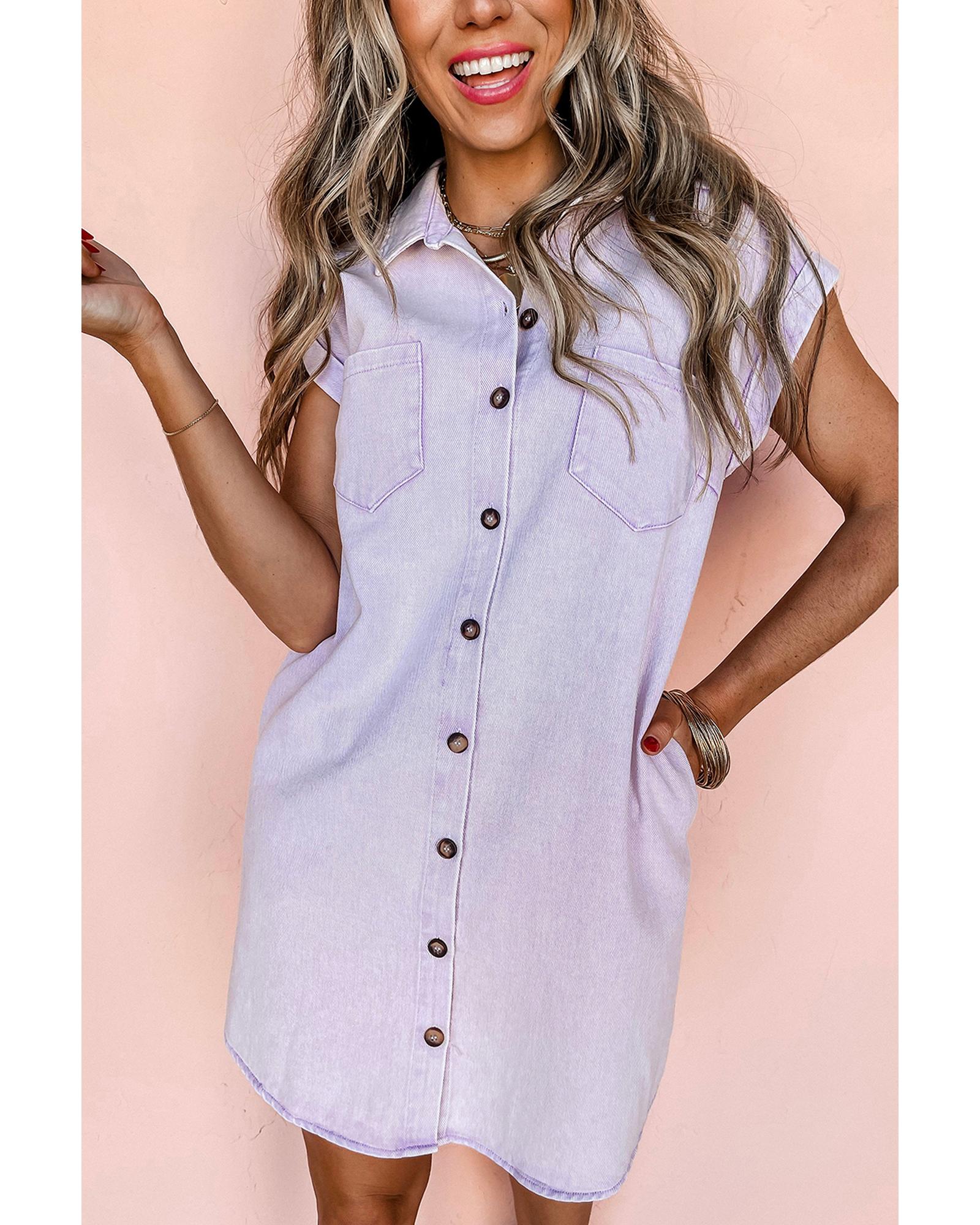 V539-AZEXDC786633-P708-S-202508301825-00 Orchid Petal Short Sleeve Double Chest Pocket Denim Shirt Dress - S - Image 1