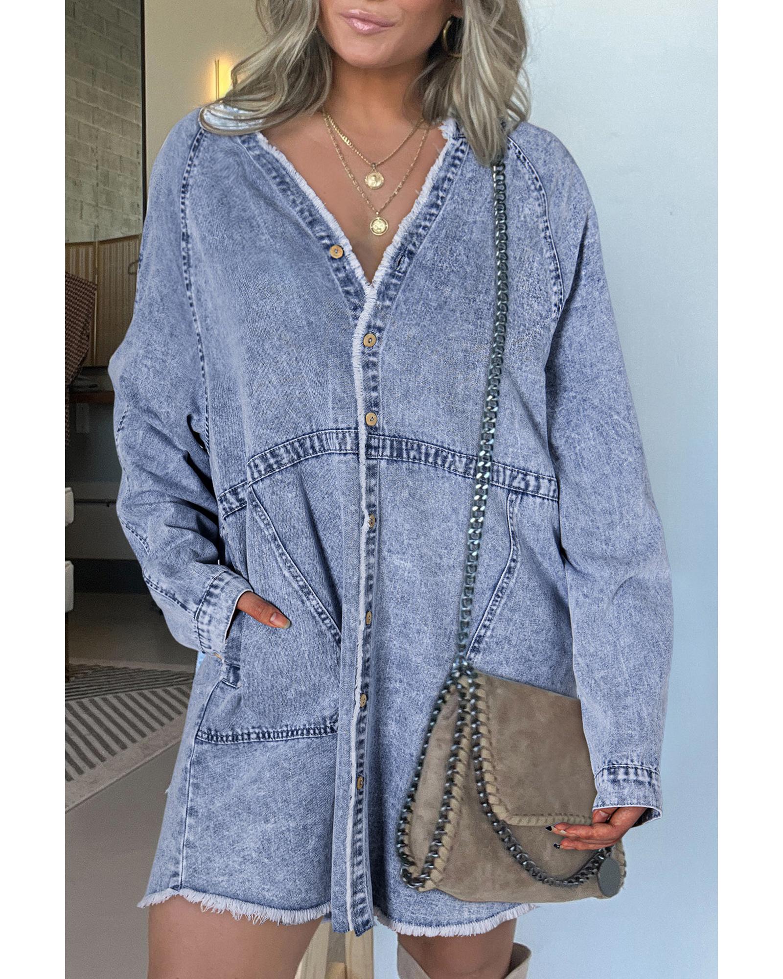 V539-AZEXDC786695-P804-M-202508300720-00 Beau Blue Mineral Wash Long Sleeve Button Up Raw Hem Pocketed Denim Dress - M - Image 1