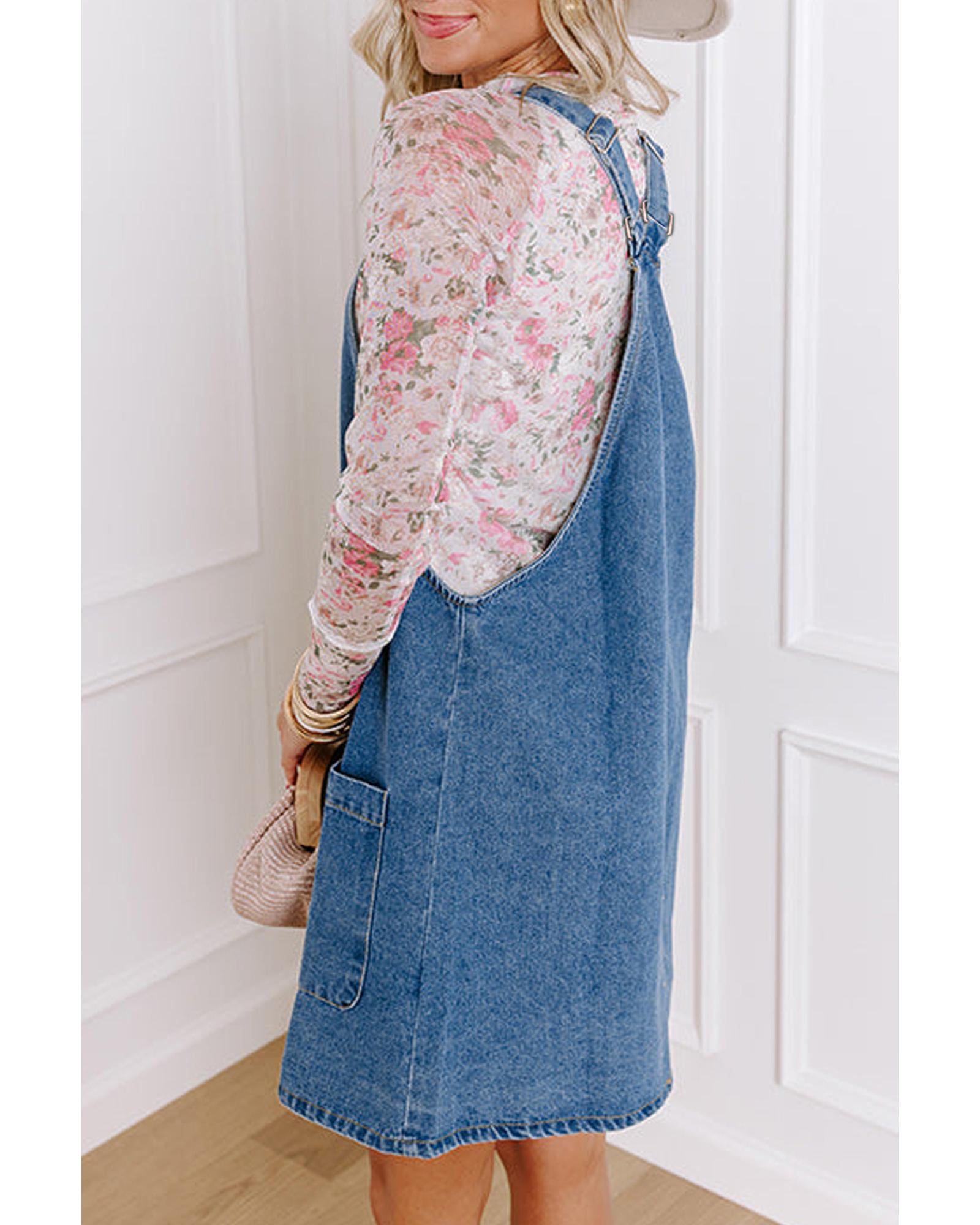 V539-AZEXDC786711-P704-L-202508301645-00 Dusk Blue Wide Strap Button Front Pocketed Denim Mini Dress - L - Image 1