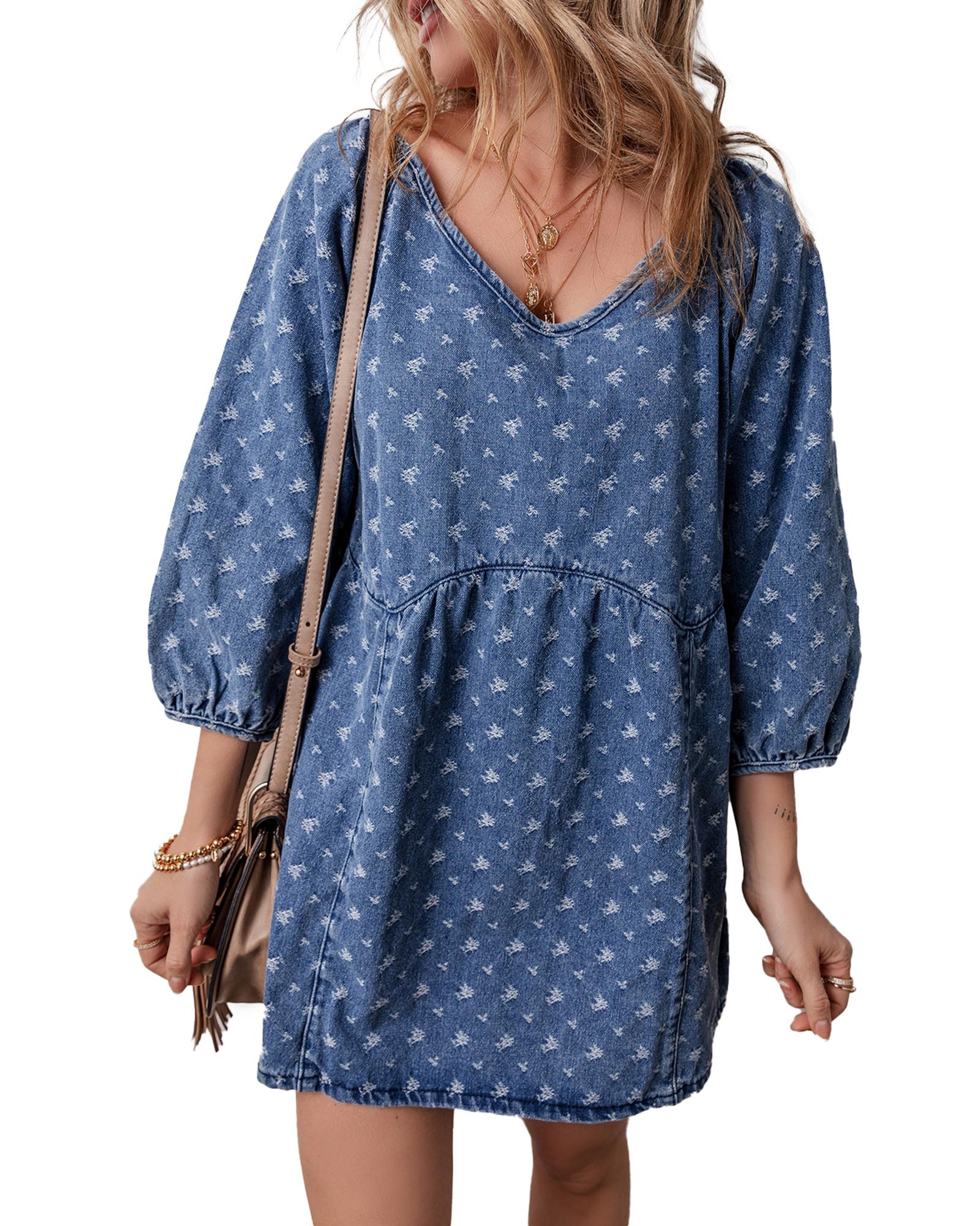 V539-AZEXDC786714-P604-M-202506151326-00 Ashleigh Blue Textured Open Back Loose Fit Denim Dress - M - Image 1
