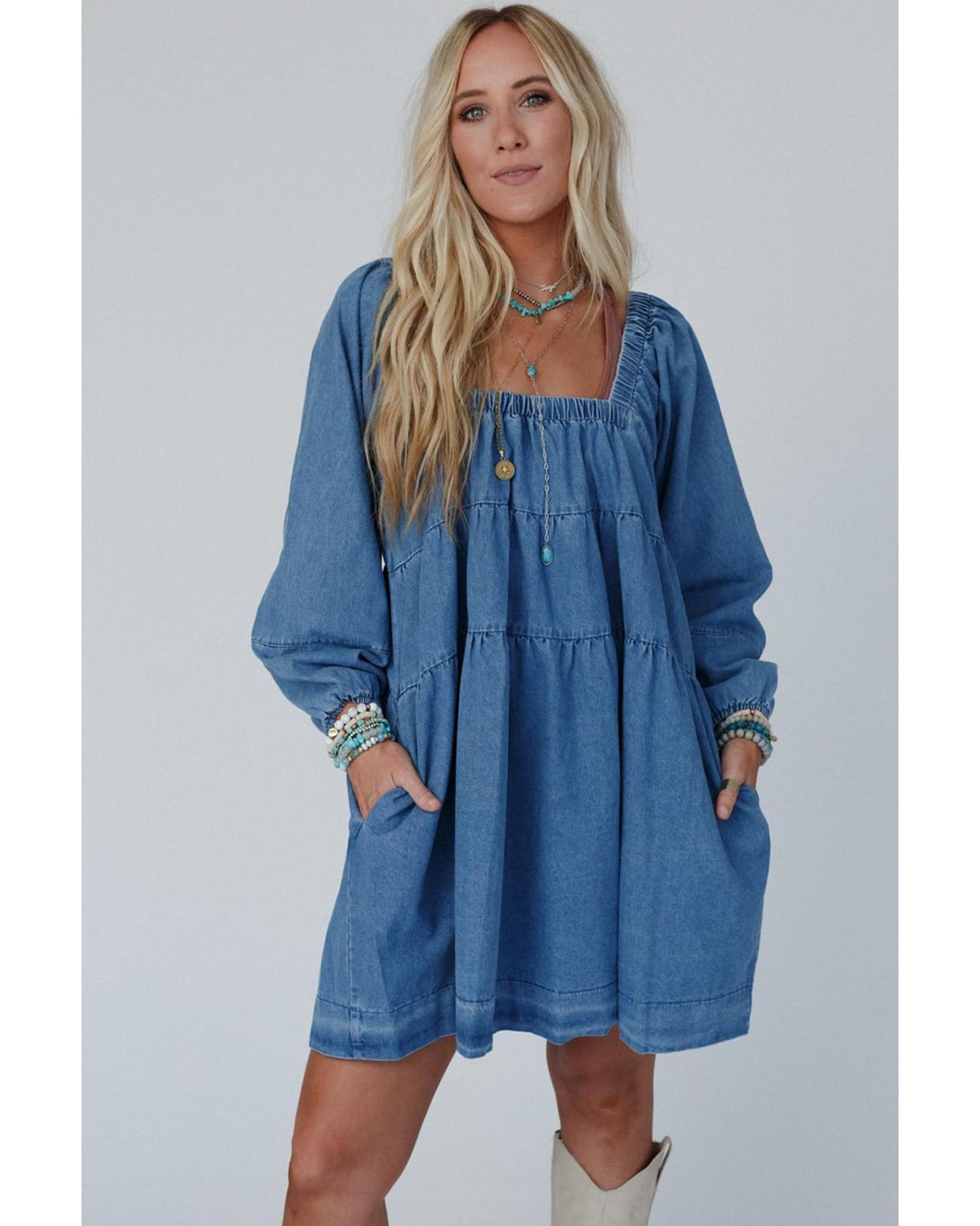 V539-AZEXDC786716-P704-M-202508300840-00 Dusk Blue Square Neck Side Pockets Loose Fit Denim Mini Dress - M - Image 1