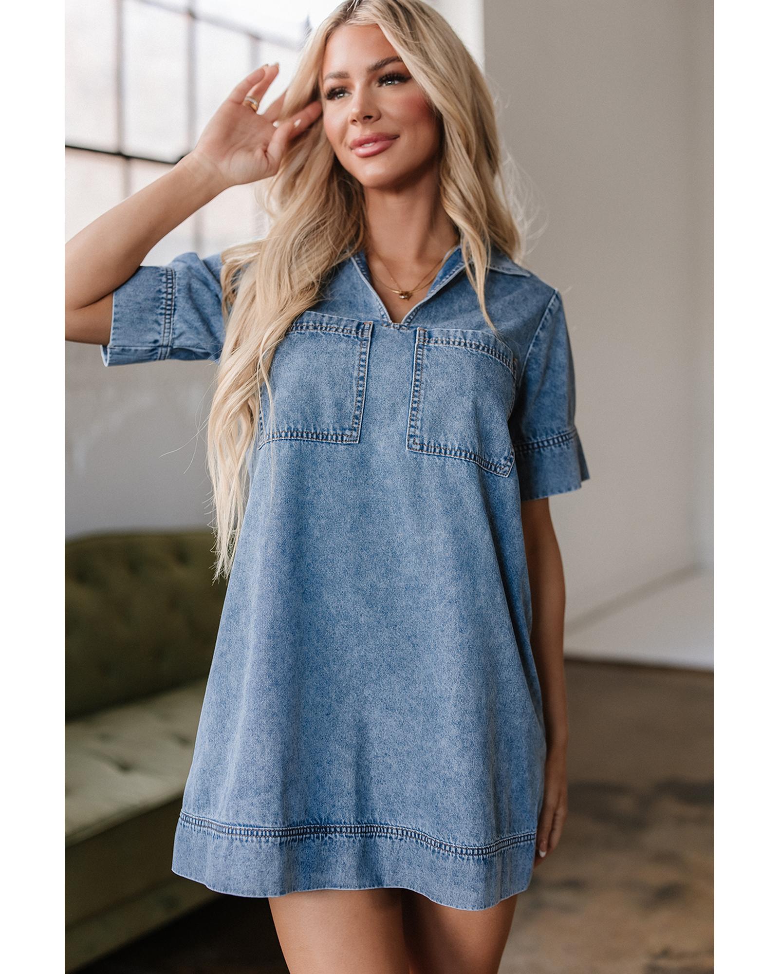 V539-AZEXDC786742-P804-M-202508302315-00 Beau Blue Short Sleeve Collared Patched Pocket Denim Mini Dress - M - Image 1