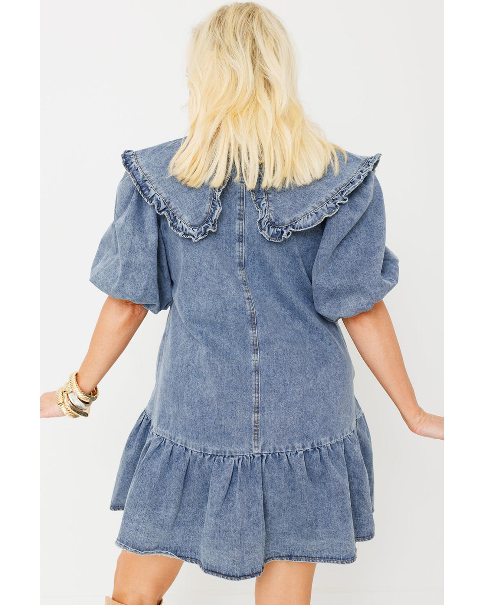 V539-AZEXDC786780-P704-L-202508302355-00 Dusk Blue Ruffled Collared Side Pockets Puff Sleeve Denim Mini Dress - L - Image 1