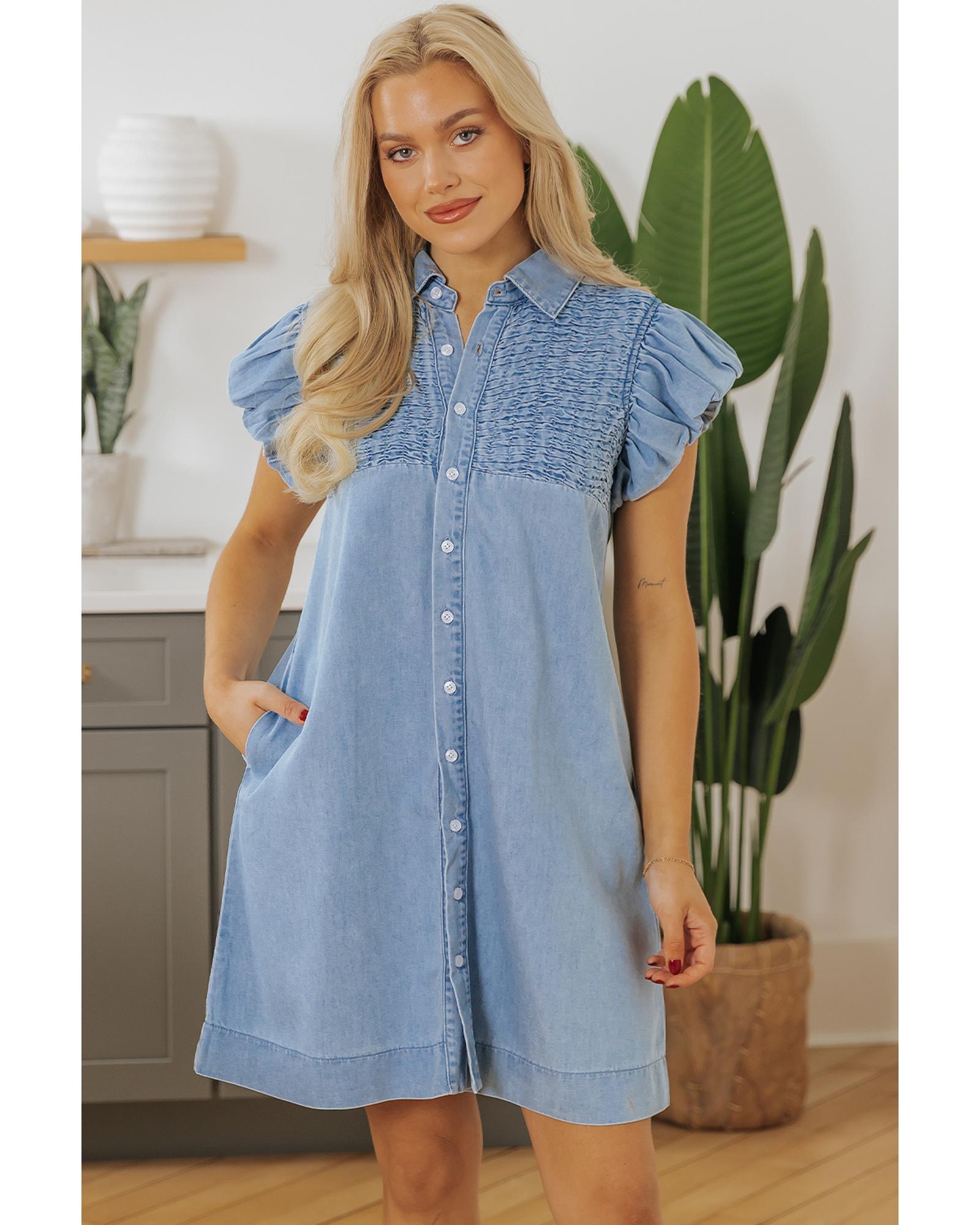V539-AZEXDC786794-P804-S-202508301415-00 Beau Blue Flutter Sleeve Shirred Detail Button Up Denim Mini Dress - S - Image 1