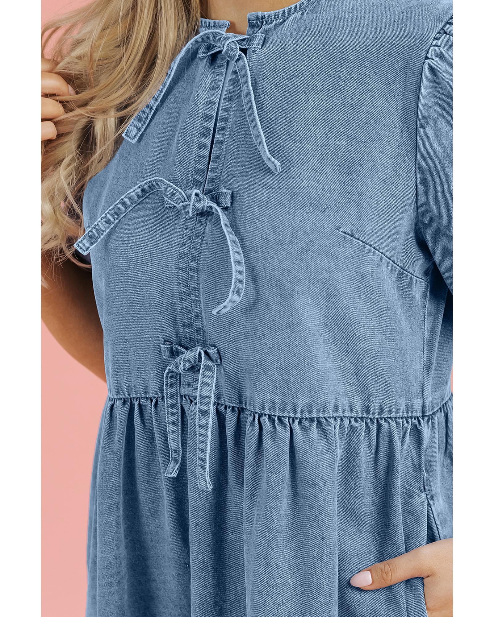 V539-AZEXDC786799-P704-M-202506151105-00 Dusk Blue Bowknot Bubble Sleeve Short Denim Dress - M - Image 1