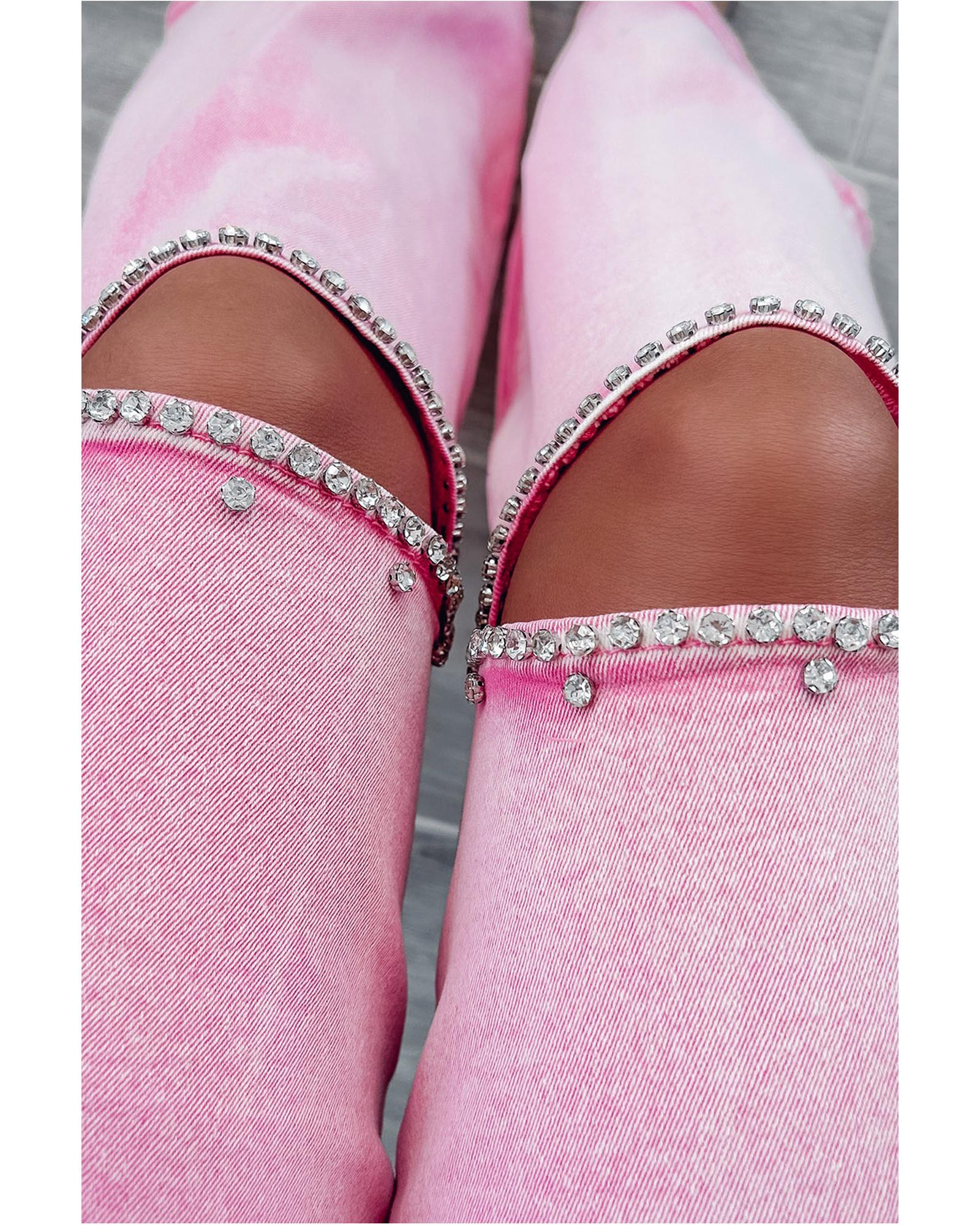 V539-AZEXDC7874257-10-12-202508281610-00 Pink High Waist Rhinestone Cutout Wide Leg Jeans - 12 US - Image 1