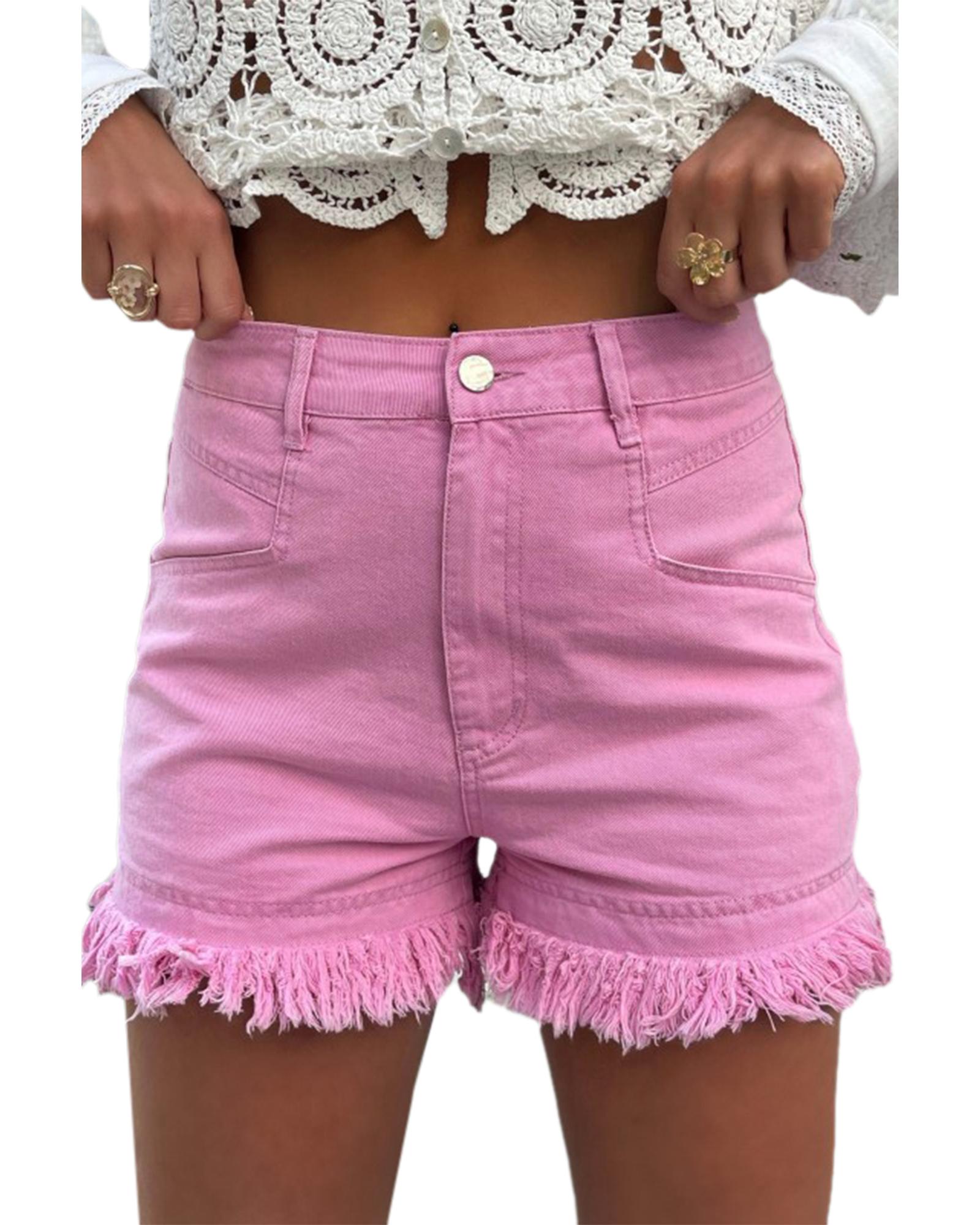 V539-AZEXDC7874772-P10-14-202508281525-00 Pink Frayed Edge Mid Rise Denim Shorts - 14 US - Image 1