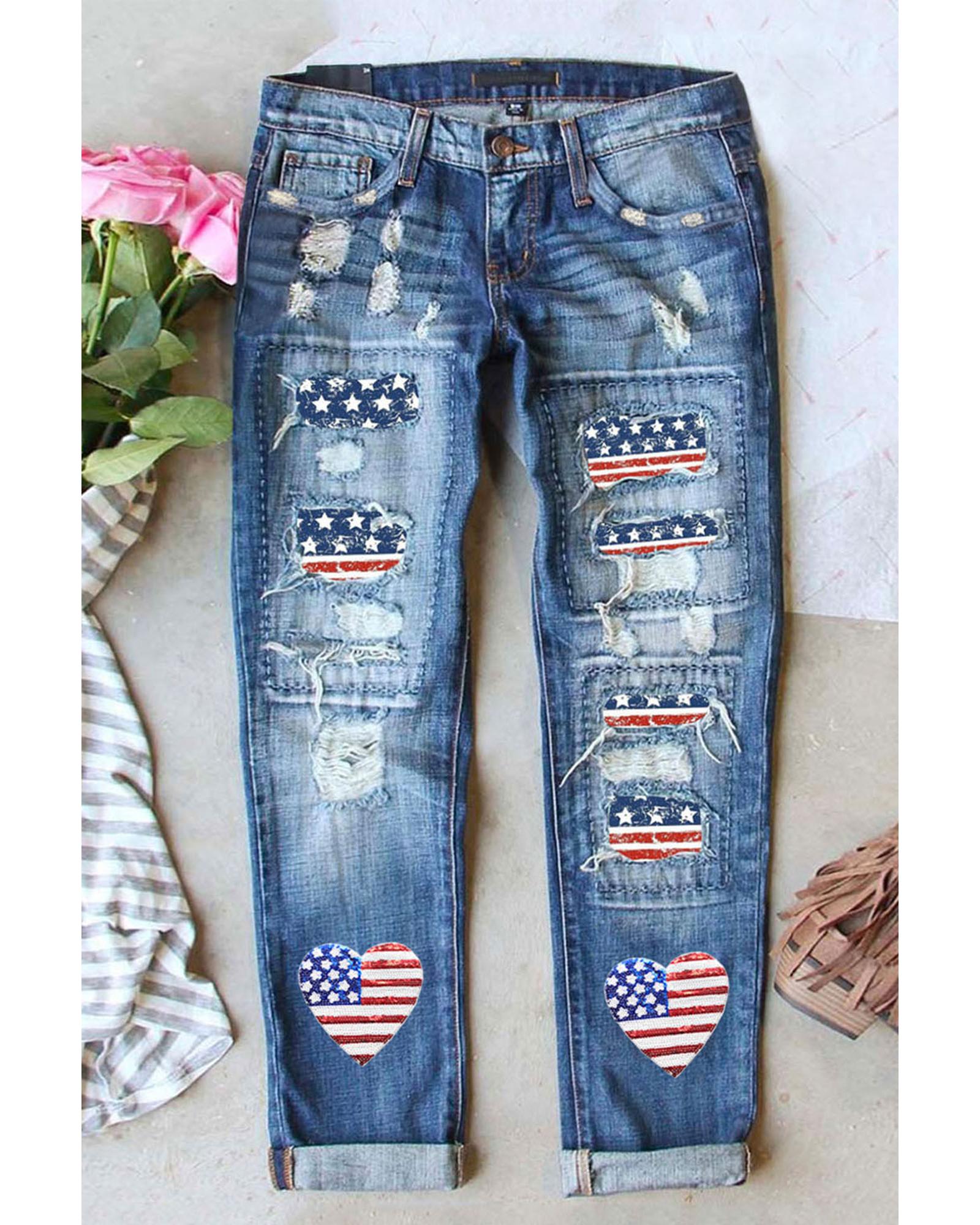 V539-AZEXDC7874958-4-8-202508290155-00 Sky Blue Heart-shape American Flag Patch Frayed Jeans - 8 US - Image 1