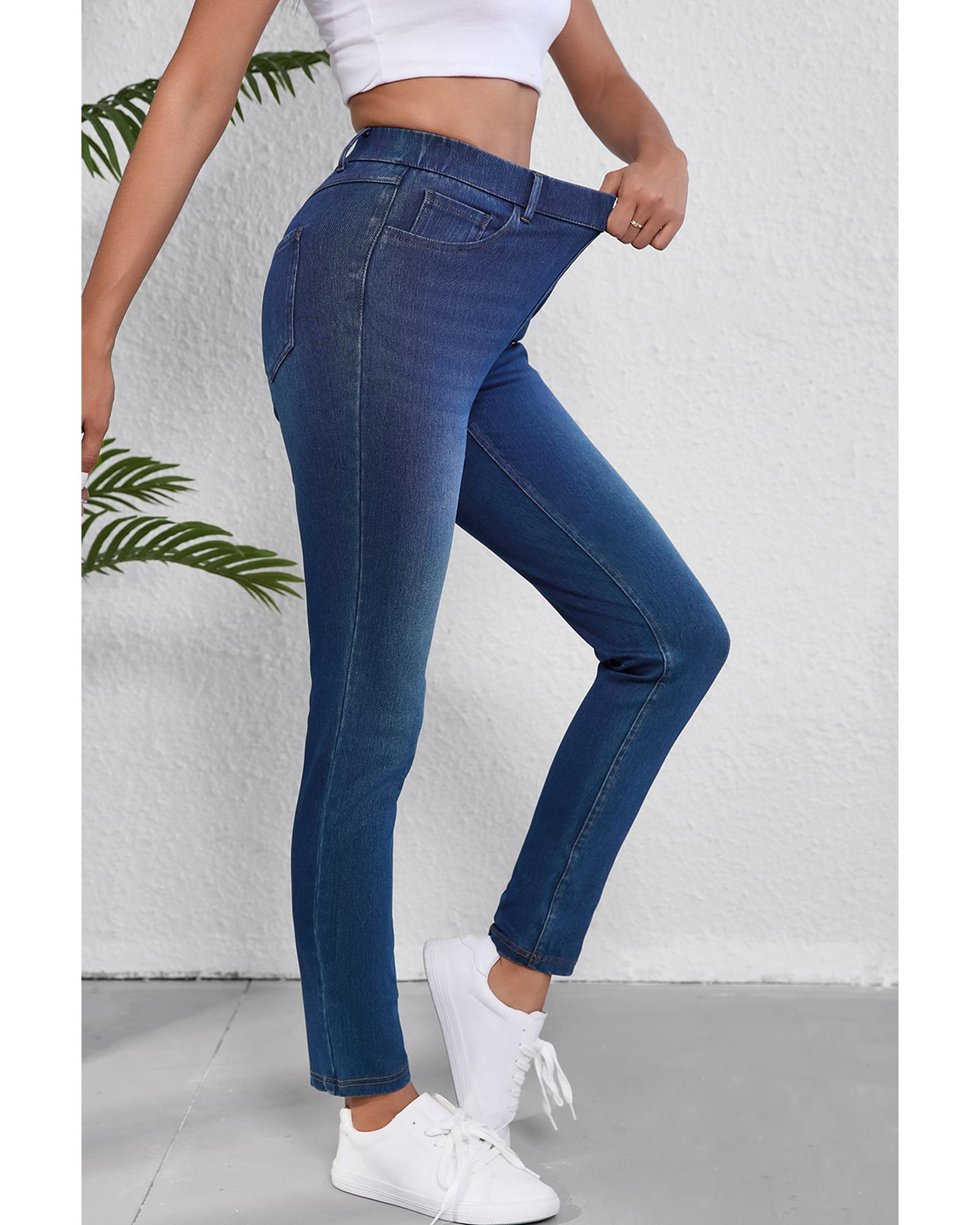 V539-AZEXDC7875069-P604-S-202506151305-00 Ashleigh Blue Multiple Pockets Straight Leg Washed Stretchy Knit Casual Jeans - S - Image 1