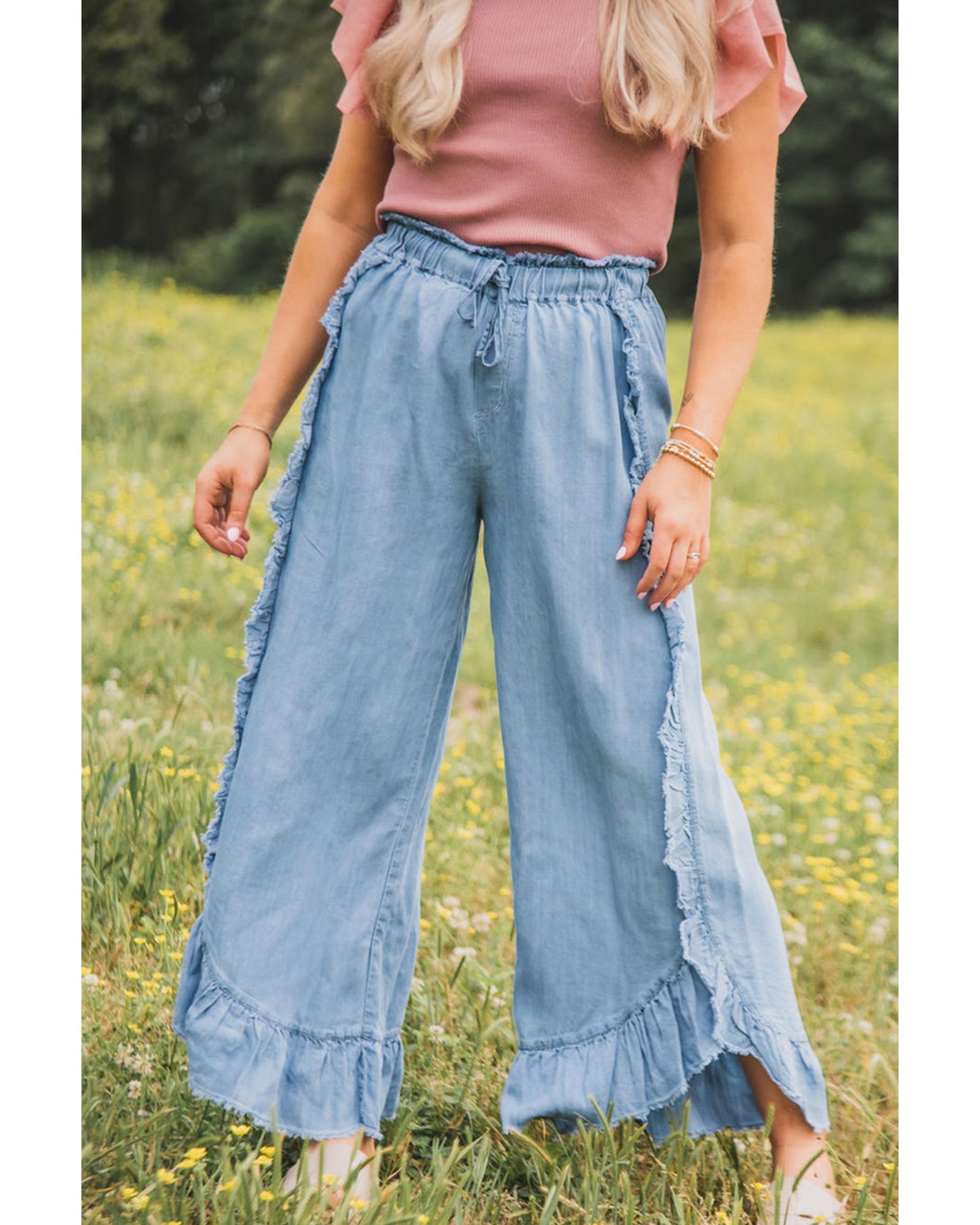 V539-AZEXDC7875079-P1204-12-202508310200-00 Myosotis Light Wash Raw Hem Ruffled Wide Leg Jeans - 12 US - Image 1