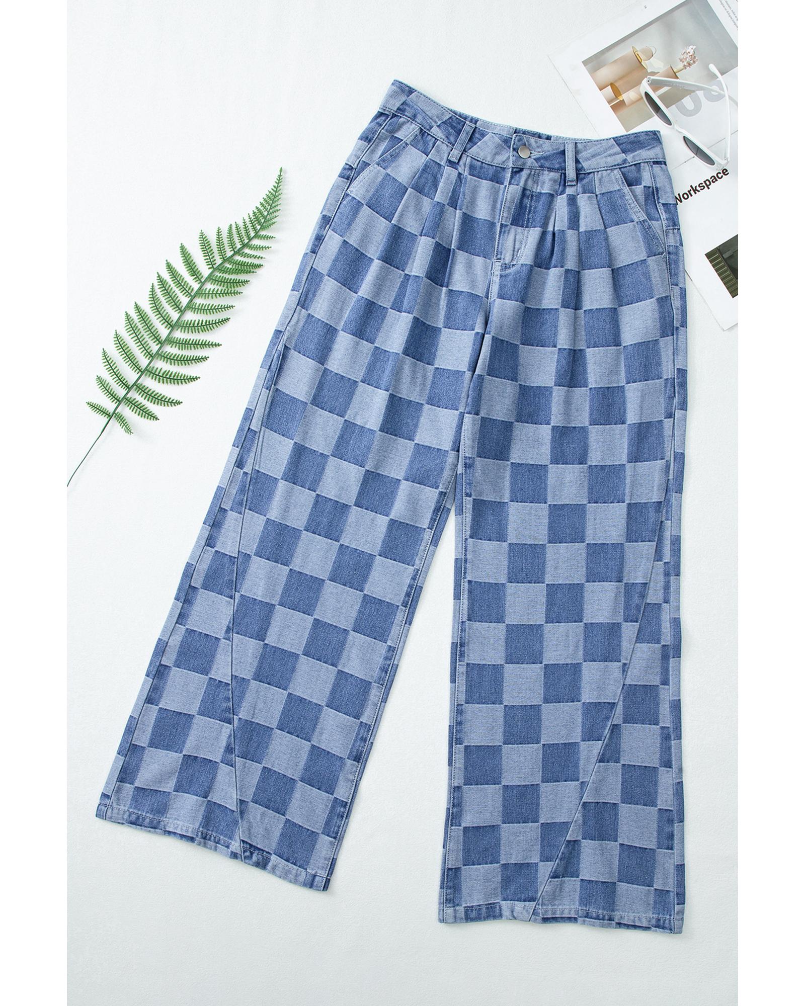 V539-AZEXDC7875123-P704-14-202508302240-00 Dusk Blue Checkered Denim Wide Leg Jeans - 14 US - Image 1