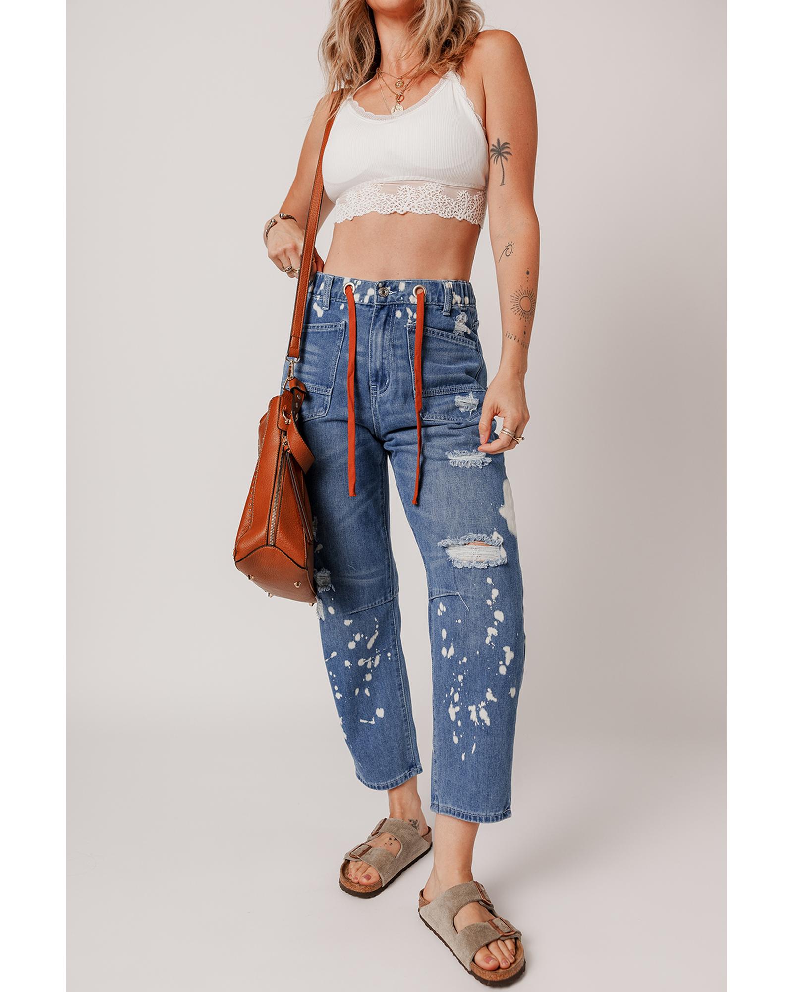 V539-AZEXDC7875315-P604-14-202508280850-00 Ashleigh Blue Ripped Splattering Paint Rope Waist Cropped Straight Jeans - 14 US - Image 1