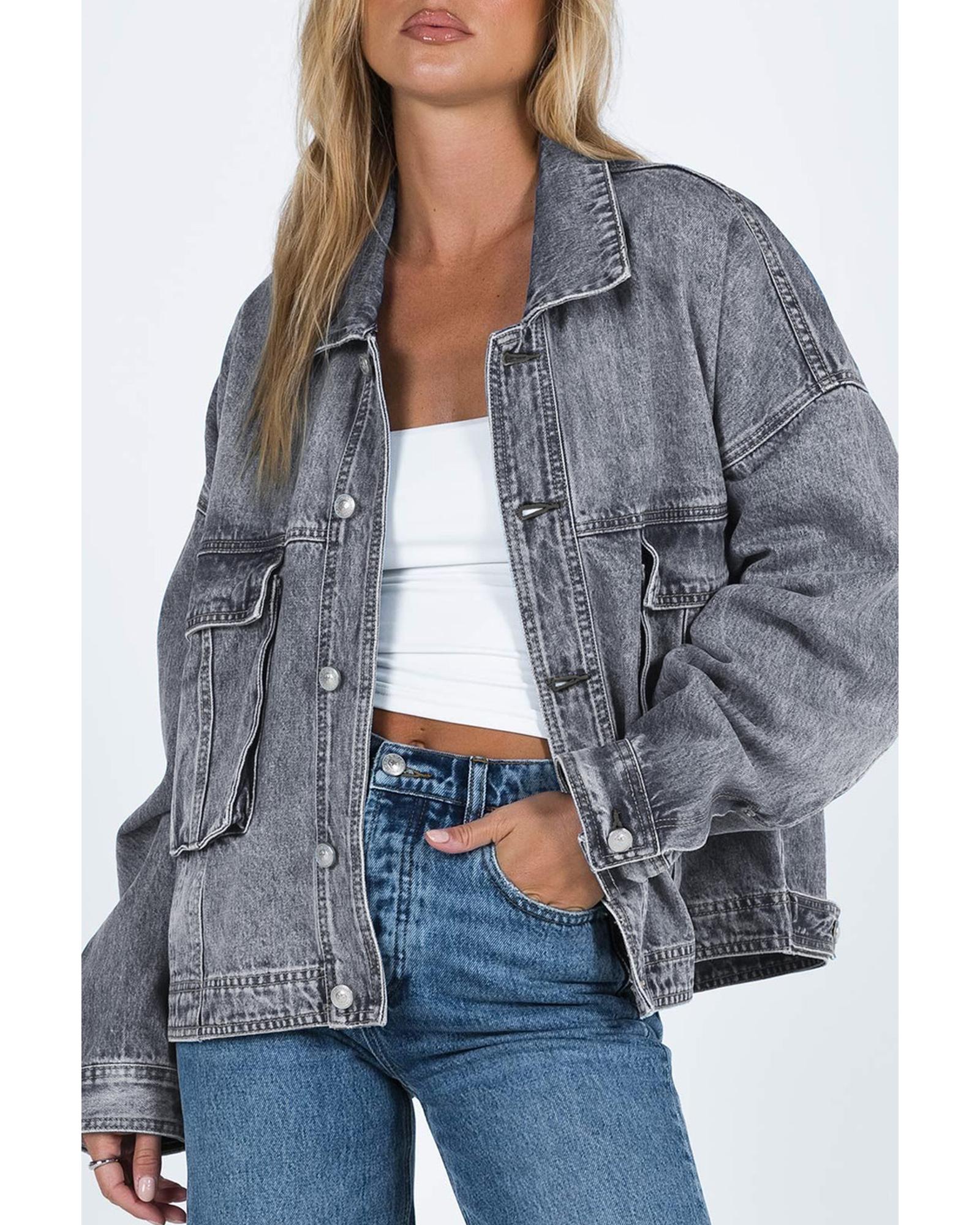 V539-AZEXDC788285-11-XL-202508280825-00 Gray Chest Pockets Drop Shoulder Loose Denim Jacket - XL - Image 1