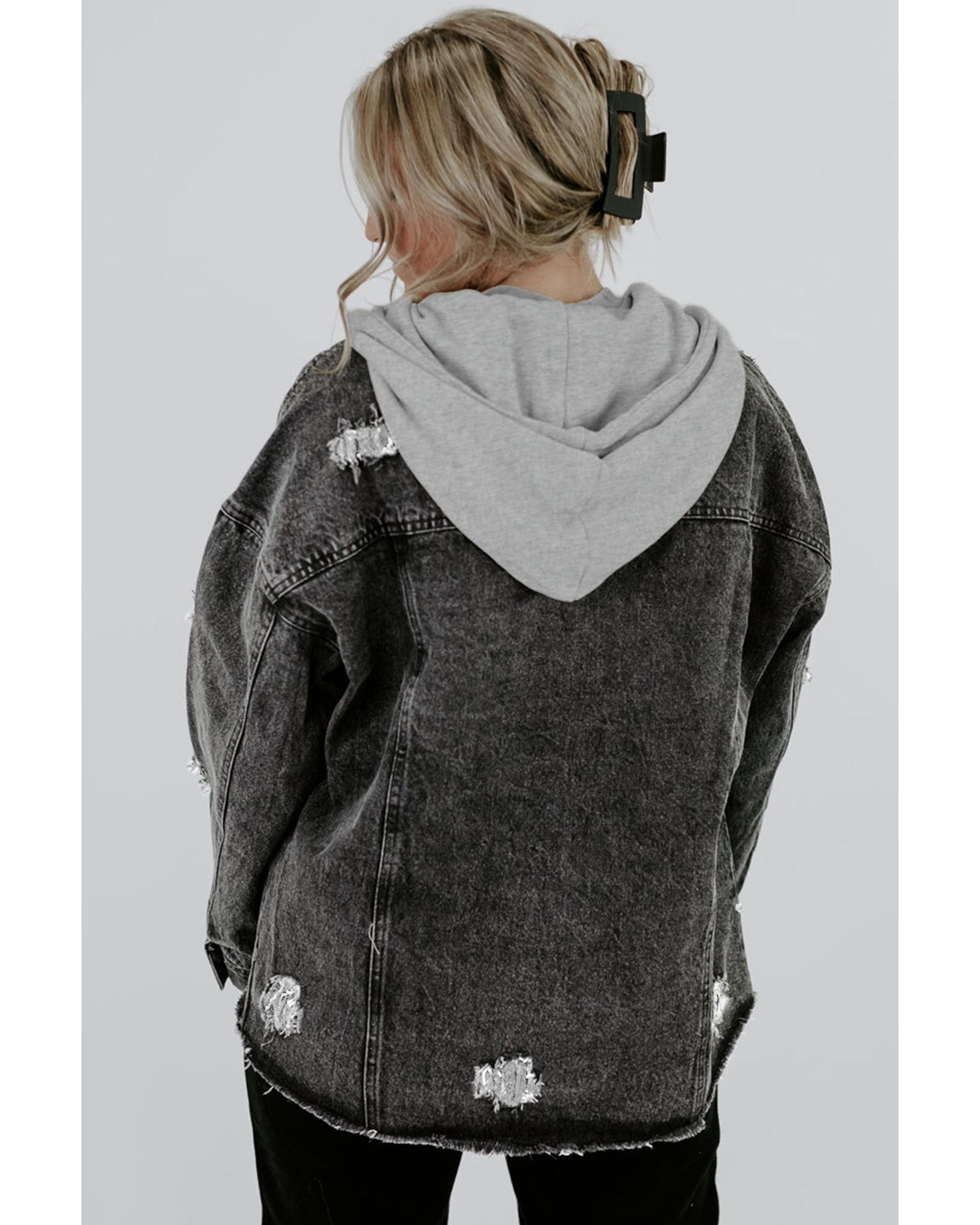 V539-AZEXDC788413-2-M-202508281345-00 Black Drawstring Hooded Frayed Denim Jacket - M - Image 1