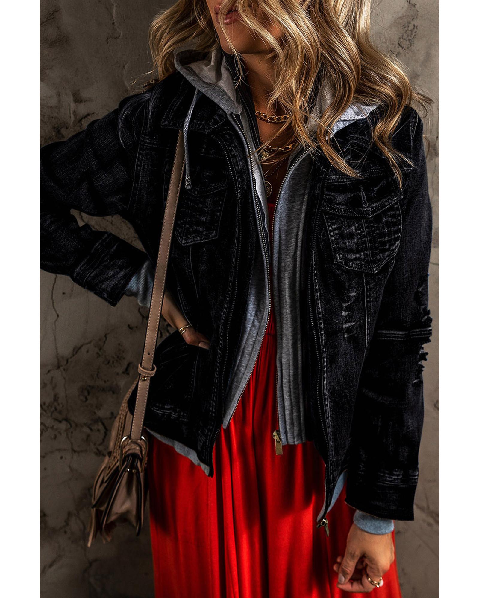 V539-AZEXDC788437-P2-2XL-202506151210-00 Black Fake Two-Piece Hooded Zip-Up Denim Jacket - 2XL - Image 1