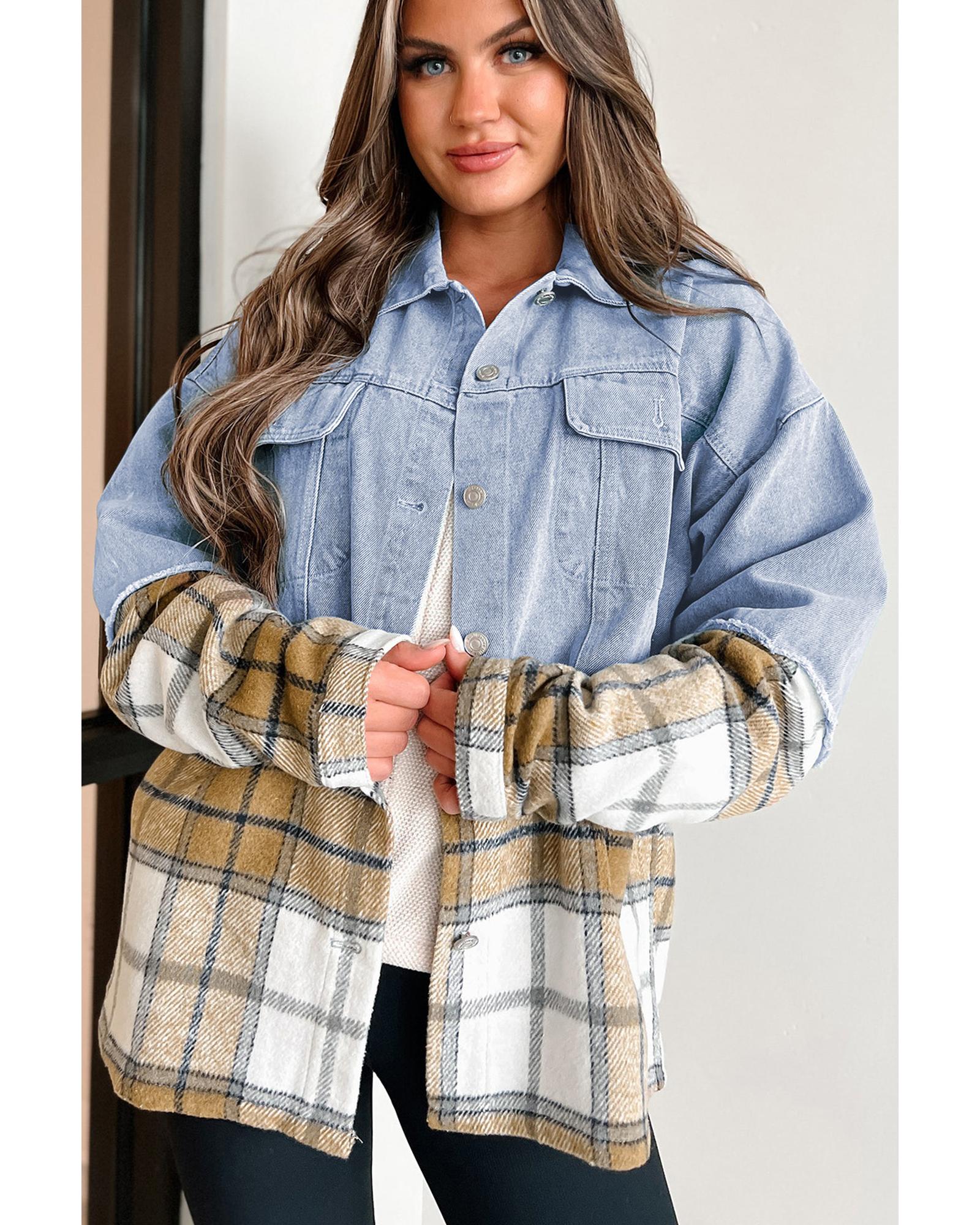 V539-AZEXDC788582-P1622-L-202508300150-00 Khaki Plaid Patchwork Buttoned Oversized Denim Jacket - L - Image 1