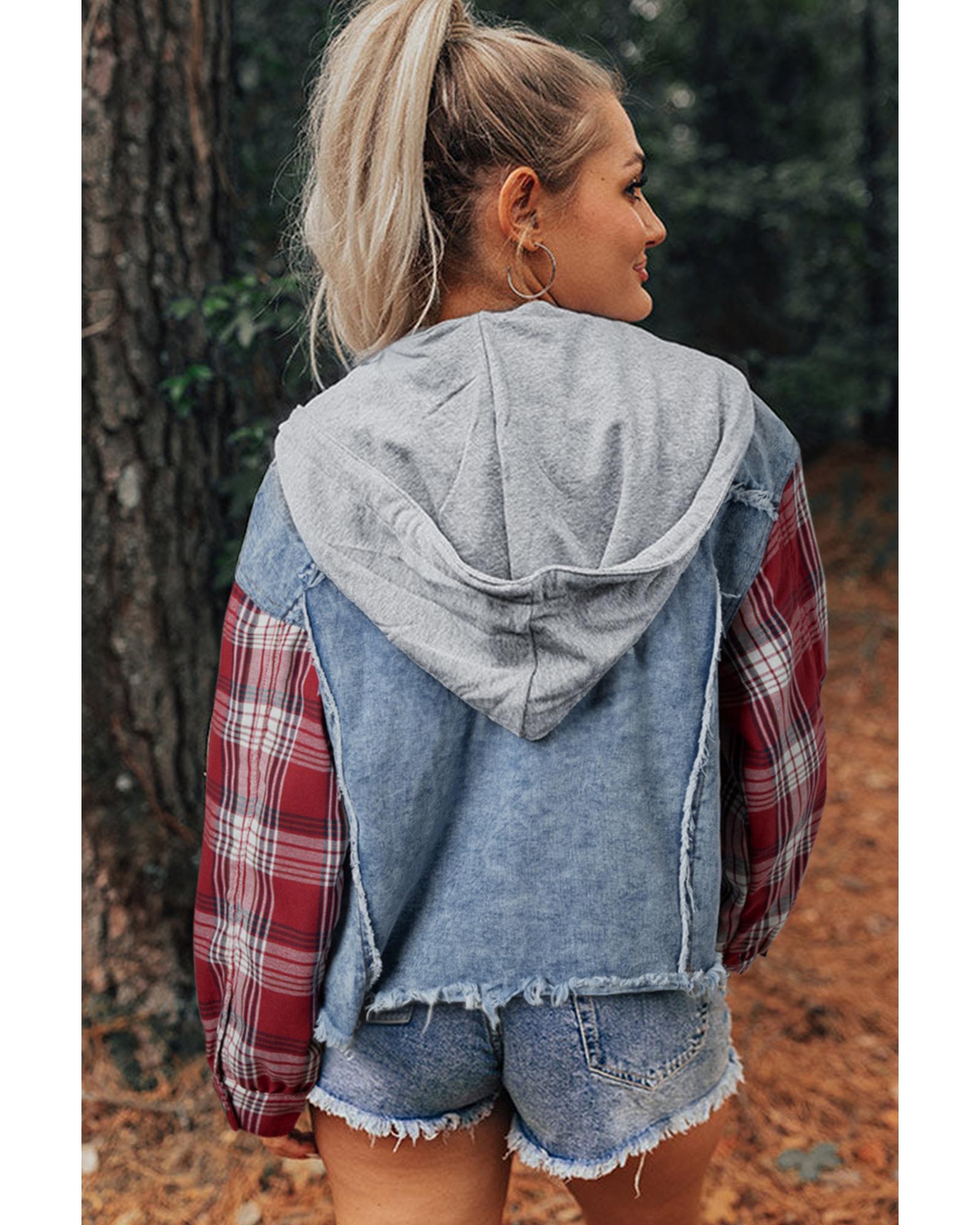 V539-AZEXDC788584-P804-XL-202508281720-00 Beau Blue Plaid Print Patchwork Hooded Raw Hem Denim Jacket - XL - Image 1